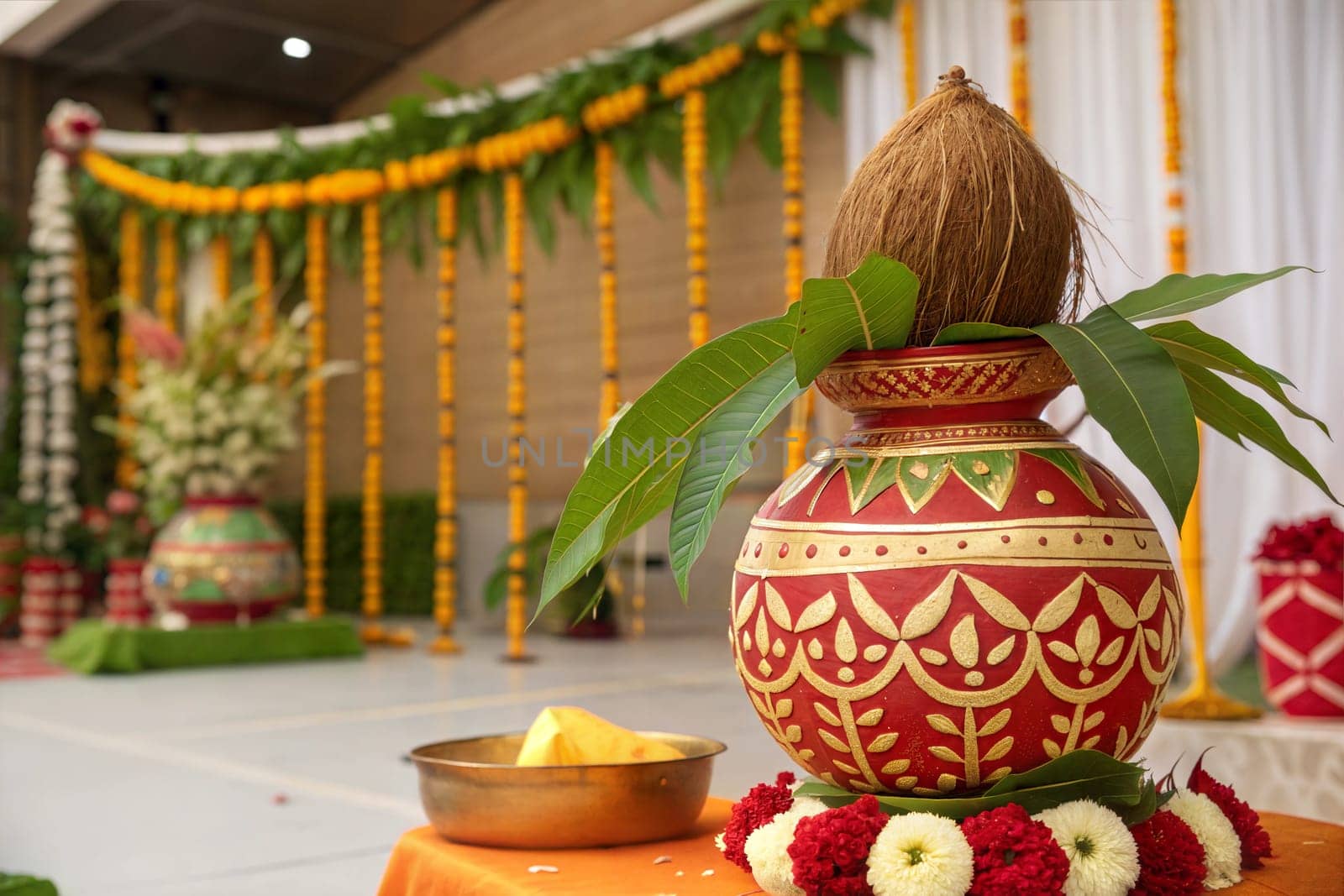 Copper and gold kalash with coconut and mango leaf with marigold flower decoration at the bottom for hindu puja for all hindu pooja occasions.