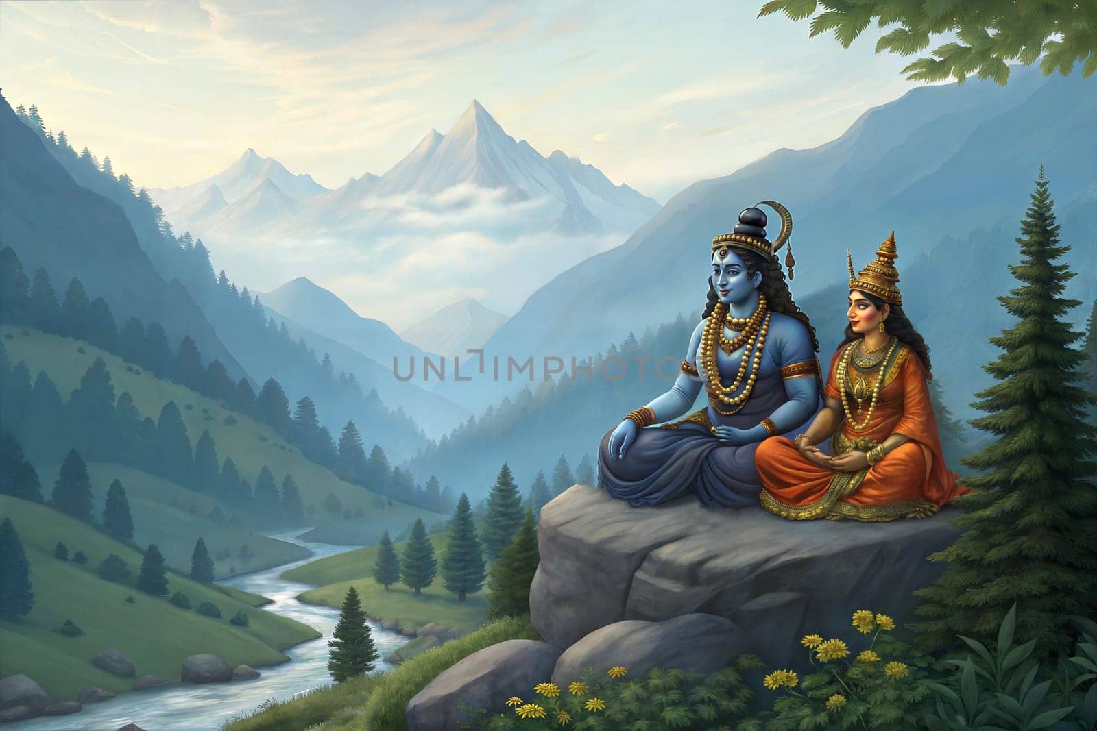 Lord Shiva and Goddess Parvati at mount Himalaya.
