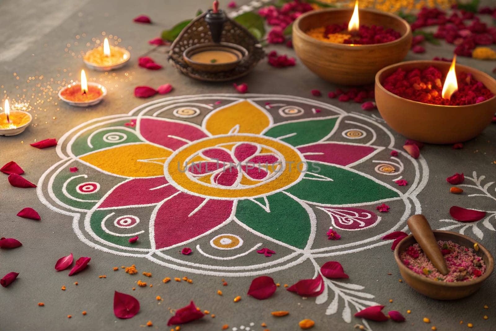 Beautiful Rangoli design making during Indian festivals like Diwali, Pongal, Sankranti, Onam, Gudi padwa, Gangaur. Rangoli patterns art.