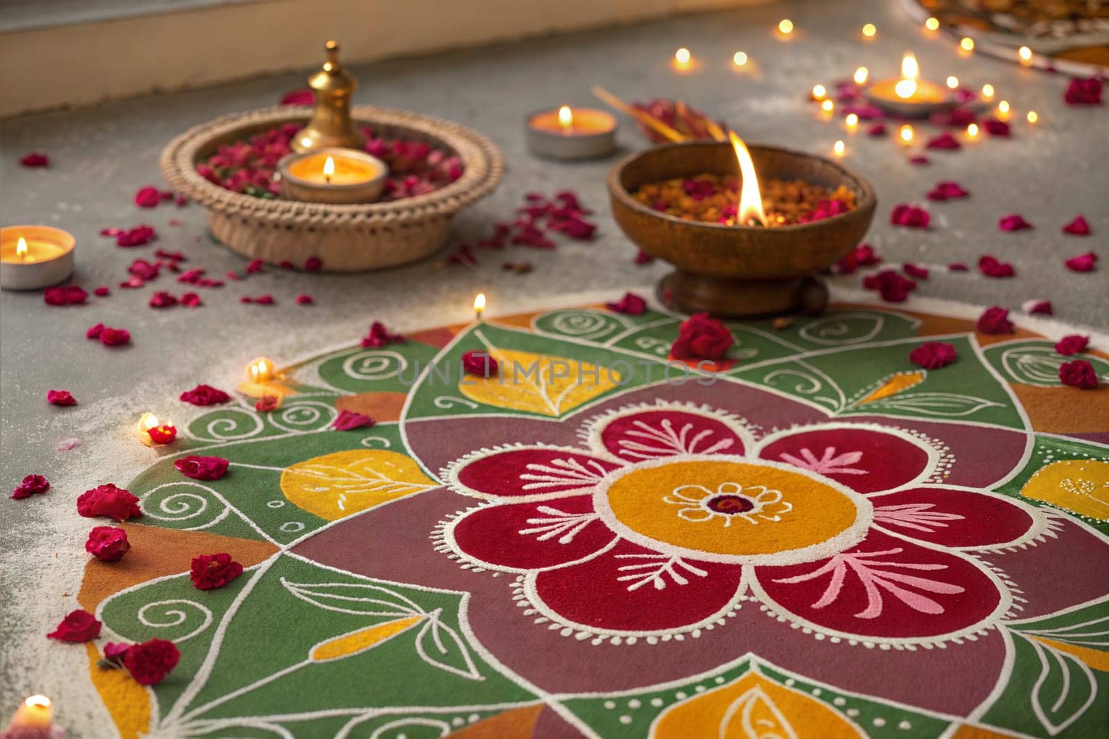 Beautiful Rangoli design making during Indian festivals like Diwali, Pongal, Sankranti, Onam, Gudi padwa, Gangaur. Rangoli patterns art.