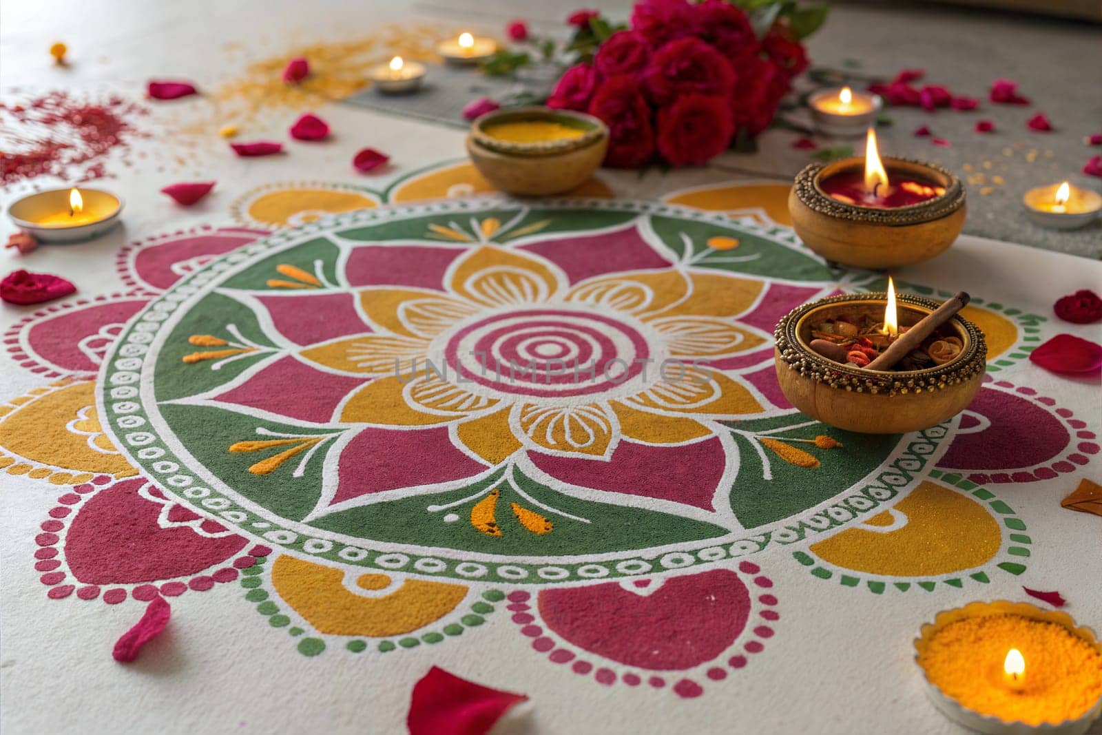 Beautiful Rangoli design making during Indian festivals like Diwali, Pongal, Sankranti, Onam, Gudi padwa, Gangaur. Rangoli patterns art.