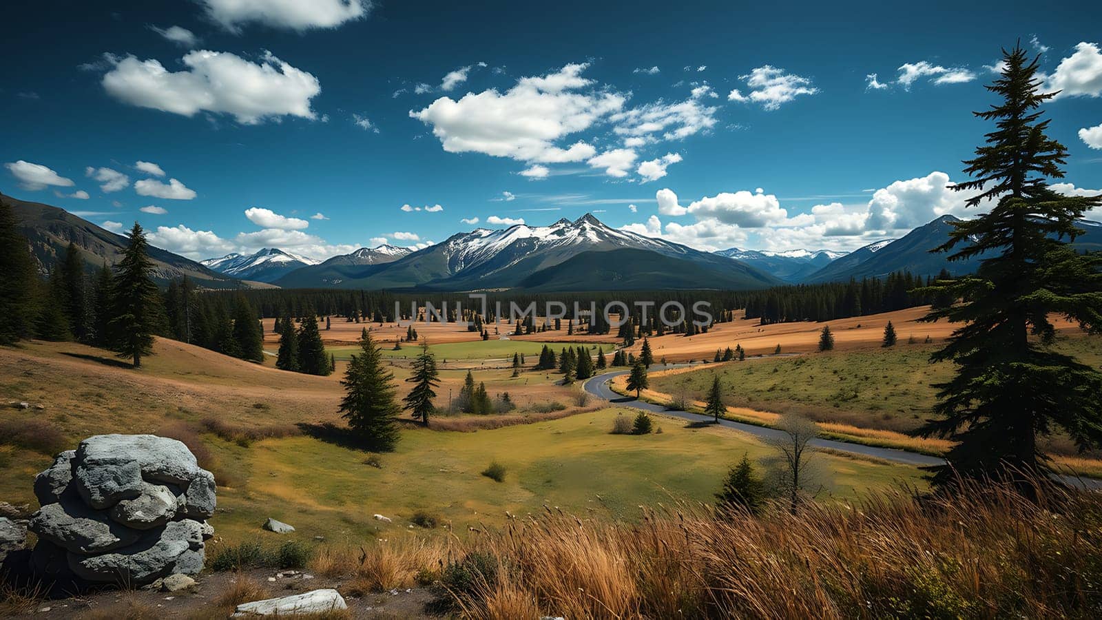 This captivating landscape photograph showcases a stunning vista of a valley nestled amidst majestic snow-capped mountains. A gently curving asphalt road winds gracefully through the valley's heart, passing alongside lush green meadows interspersed with golden-hued grasslands. Dark green evergreen forests border the valley, adding depth and contrast to the scene. The sky above is a brilliant blue, adorned with fluffy white clouds that cast gentle shadows on the valley floor. A small rock cairn is subtly positioned in the foreground, providing a sense of scale and adding a touch of human presence to this otherwise untouched wilderness. This image is perfect for travel brochures, calendars, websites, or any project that needs to evoke a sense of serenity, adventure, and natural beauty. The vibrant colors and dramatic composition make it a visually striking and highly versatile stock image.