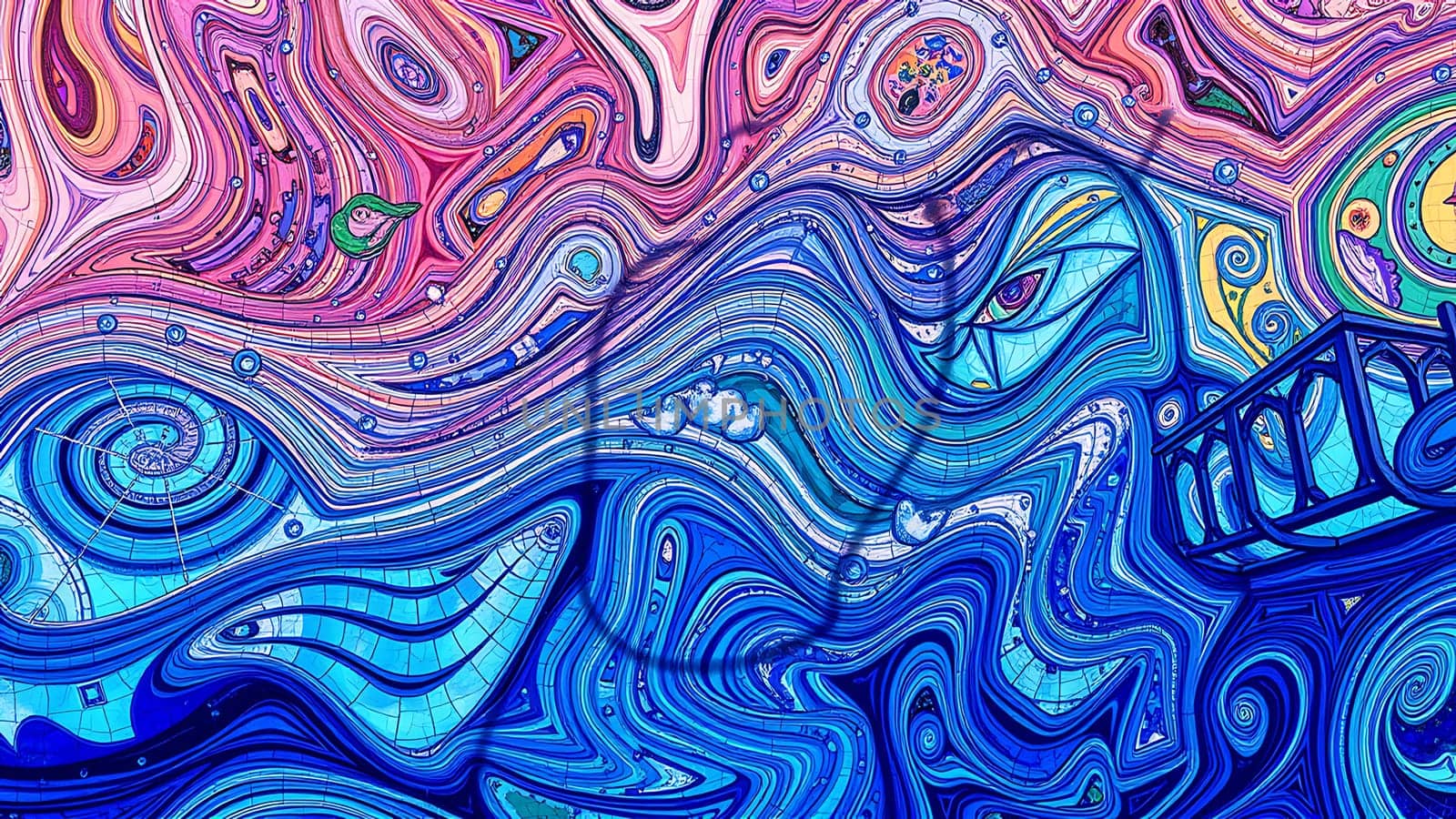 This captivating image showcases a vibrant abstract pattern dominated by swirling blues and pinks. The intricate design features a multitude of shapes, textures, and details, creating a mesmerizing visual effect. The inclusion of a shadowy balcony adds a touch of mystery and intrigue. This high-resolution image is perfect for a wide array of applications, including website backgrounds, artistic prints, textile designs, and album art, offering a unique and visually stunning element to any project requiring a bold and creative aesthetic. The richly textured and colorful artwork provides a dynamic and engaging visual experience.