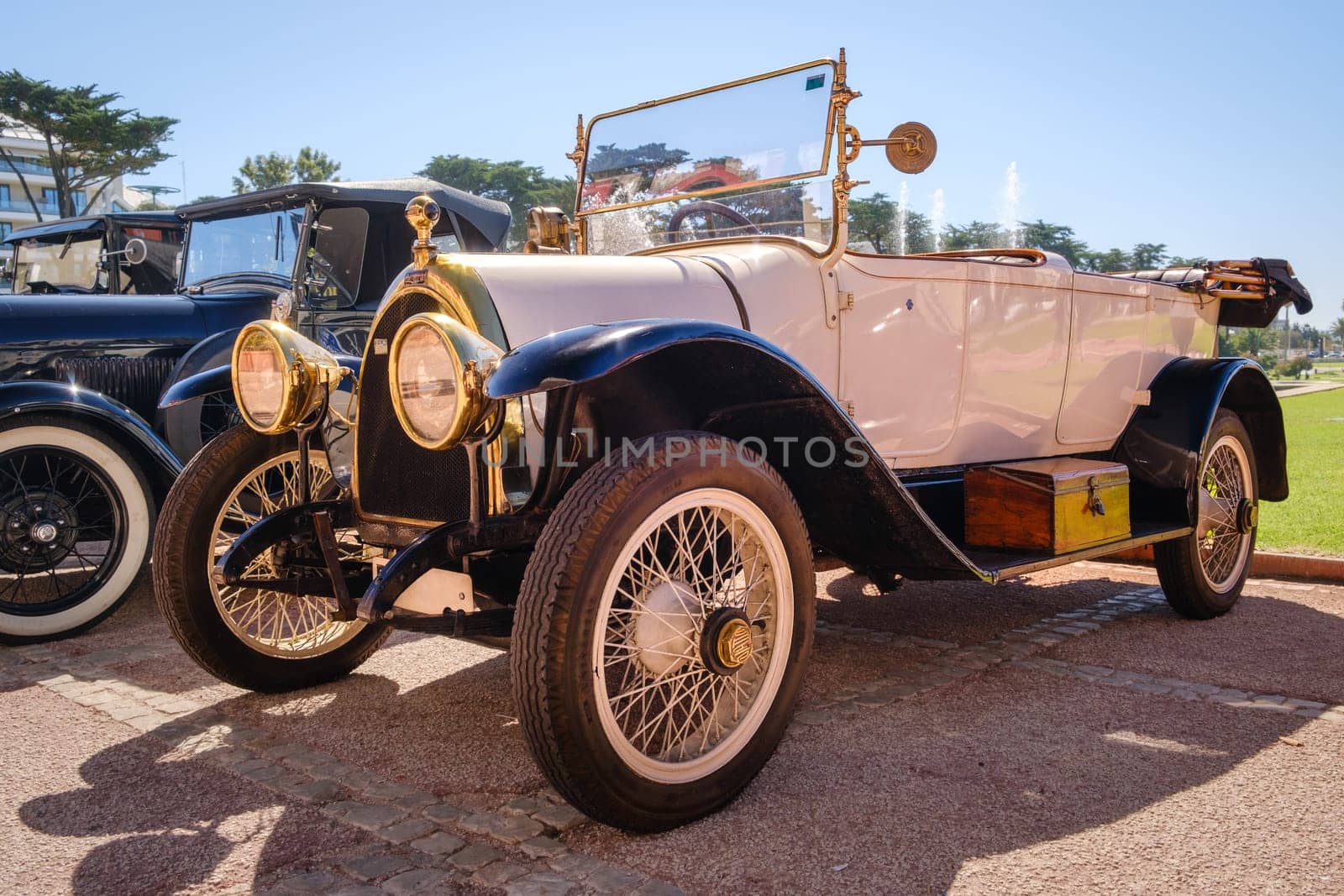 Lisbon, Portugal - Sep 29, 2024: Rare vintage white car Diatto Tipo 20s with vaulted grille on sunny day. Unique car design, quality vehicle, 1920s race cars, Diatto, Turin, Italy