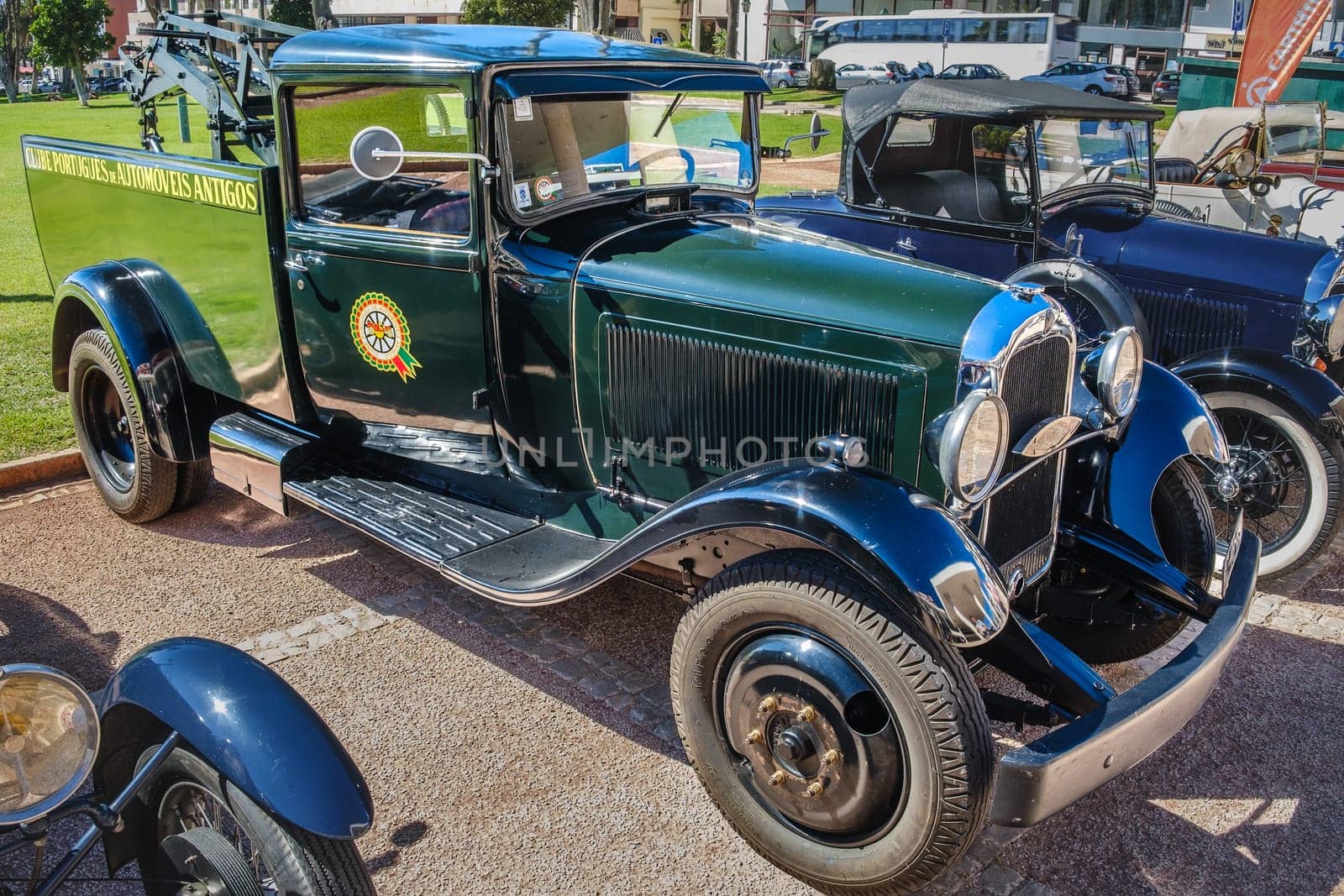 Lisbon, Portugal - Sep 29, 2024: Vintage rare tow truck Reboque Citroen C6 made in 1931 by Citroen, France, on sunny day on urban setting.