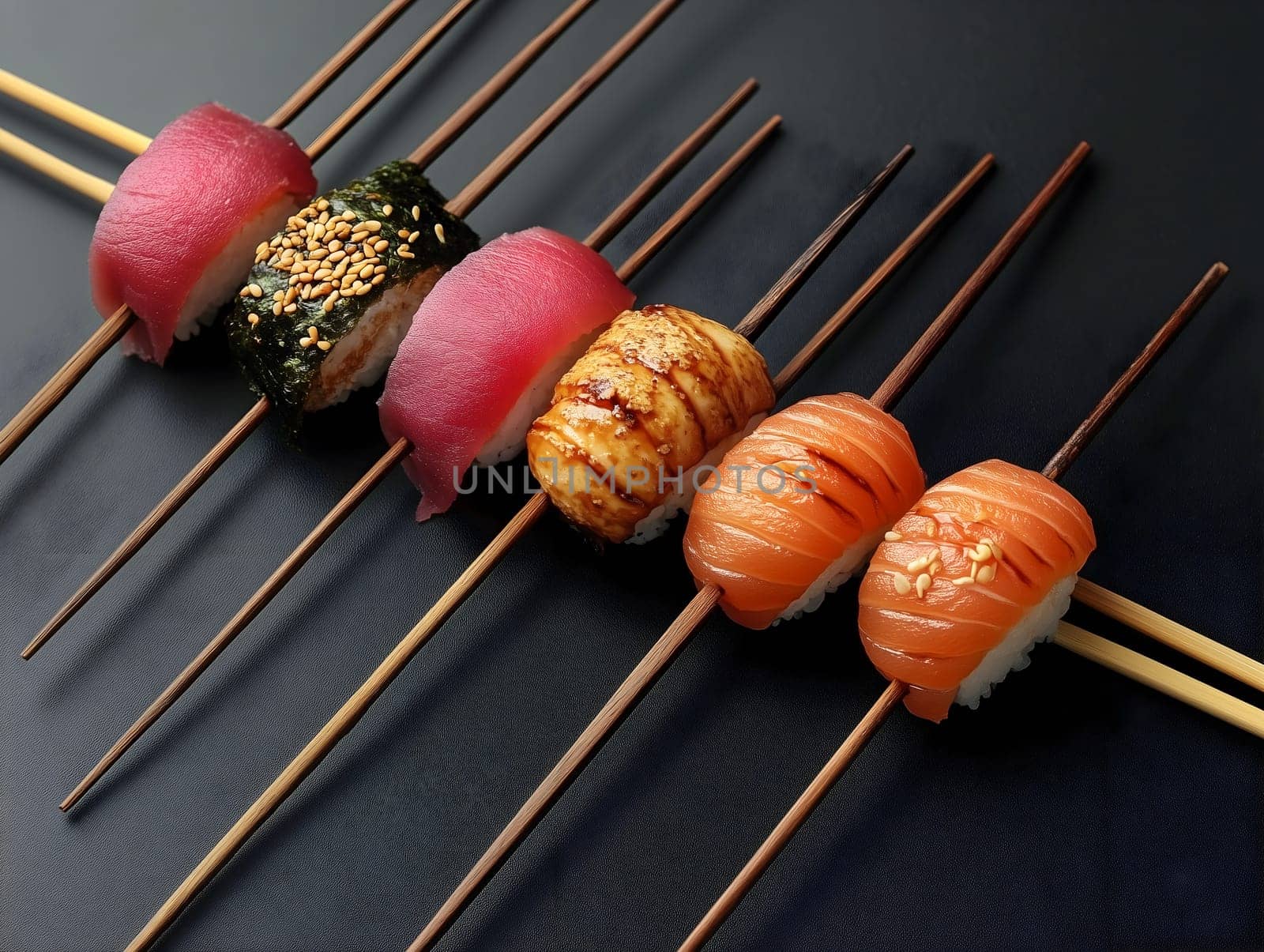 A selection of sushi pieces, including salmon, tuna, and grilled nigiri, elegantly arranged on wooden skewers against a black background. The image highlights Japanese cuisine, seafood, and gourmet dining.