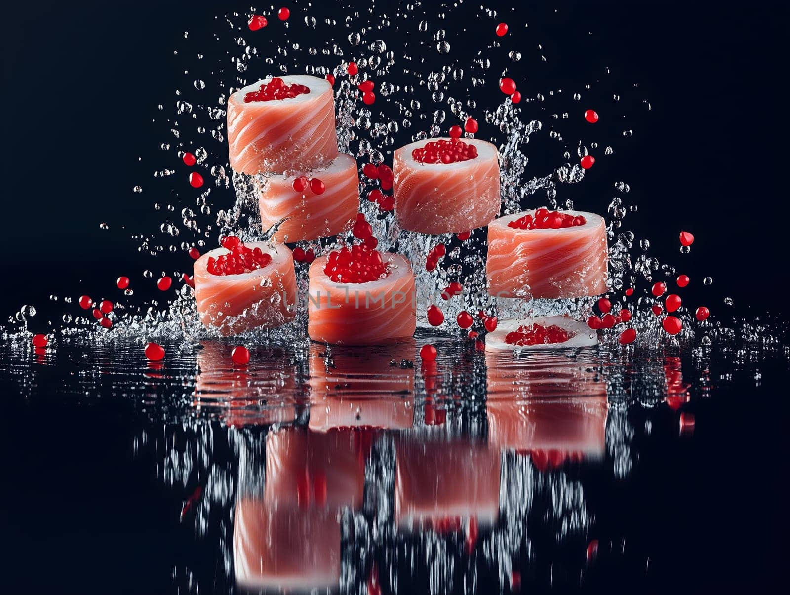 Elegant salmon sushi rolls topped with red caviar, surrounded by dynamic water splashes. The dark reflective background enhances the freshness, texture, and vibrancy of this gourmet Japanese dish.