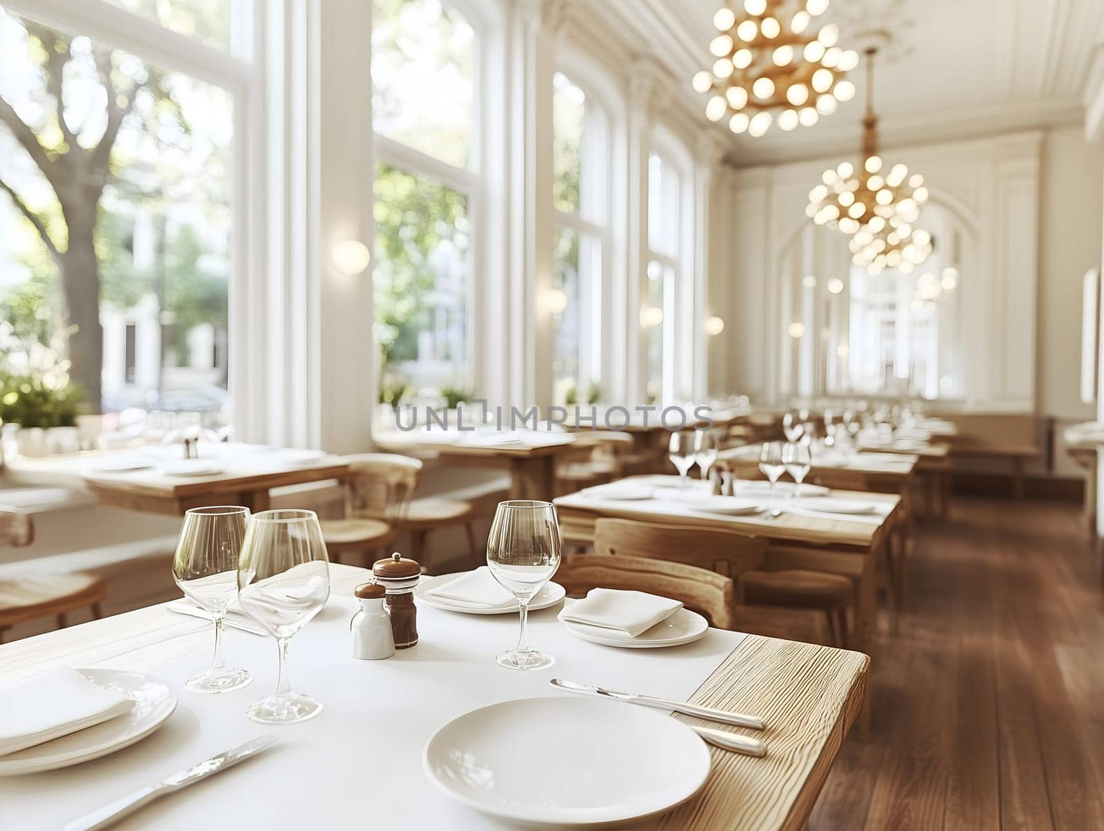 A beautifully designed restaurant with large windows, chandeliers, and neatly set tables. The elegant ambiance, warm lighting, and classic decor create a luxurious and inviting dining atmosphere.