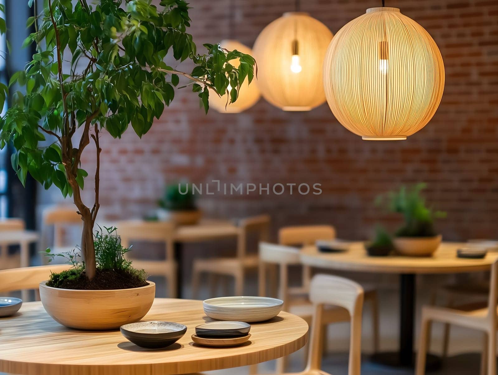 A cozy restaurant interior featuring wooden tables, elegant pendant lights, and green plants. The warm lighting and minimalist design create a welcoming ambiance, perfect for a relaxing dining experience.