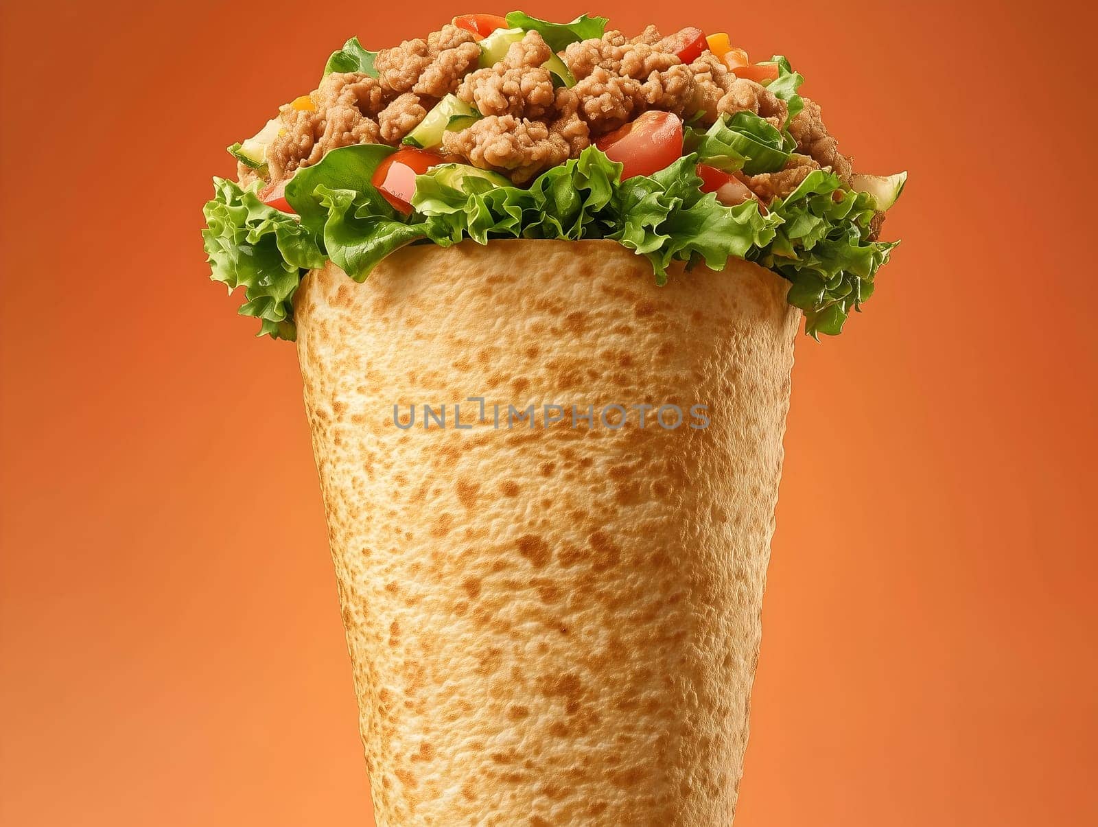A unique taco cone filled with crispy ground meat, lettuce, and diced vegetables against an orange background. The innovative presentation highlights fast food, Tex-Mex cuisine, and street food trends.