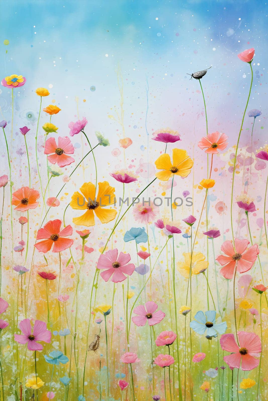 A vibrant display of wildflowers fills a meadow with various colors against a bright blue sky, creating a peaceful and cheerful atmosphere - Generative AI