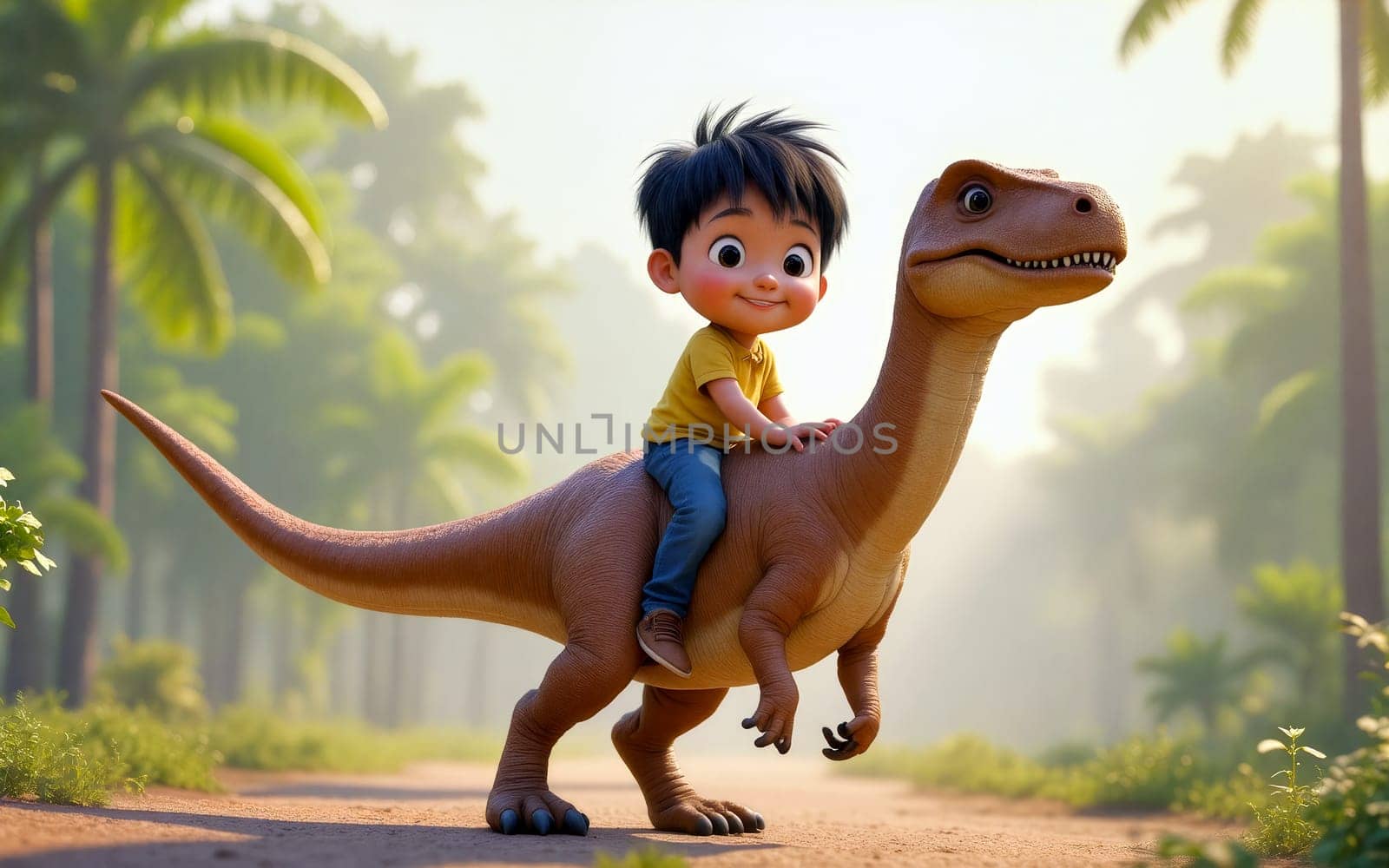 A cheerful animated asian child in a yellow shirt rides a friendly velociraptor dinosaur while surrounded by tall palm trees in a serene forest. Sunlight filters through the leaves - Generative AI