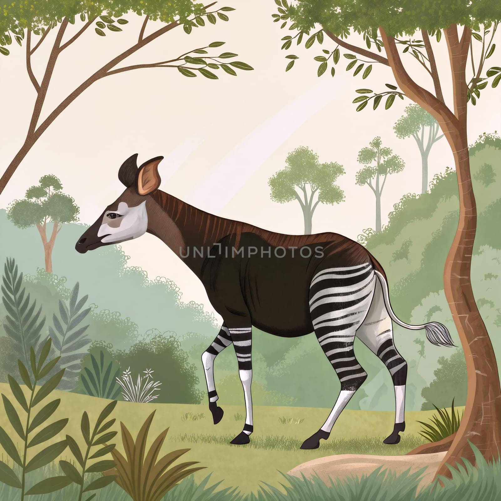 An okapi roams gracefully through a vibrant forest, surrounded by dense foliage and trees, showcasing its distinct stripes in the tranquil setting - Generative AI