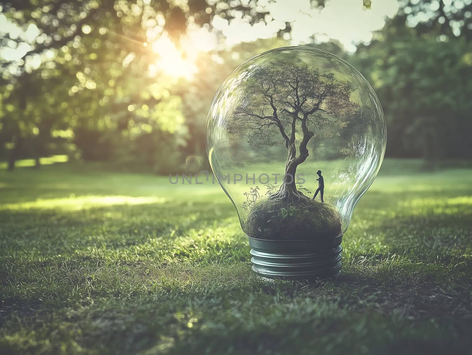 A creative concept of a large transparent light bulb containing a tree and a tiny human figure inside, set in nature. This symbolic image represents sustainability, ecology, renewable energy, and conservation.