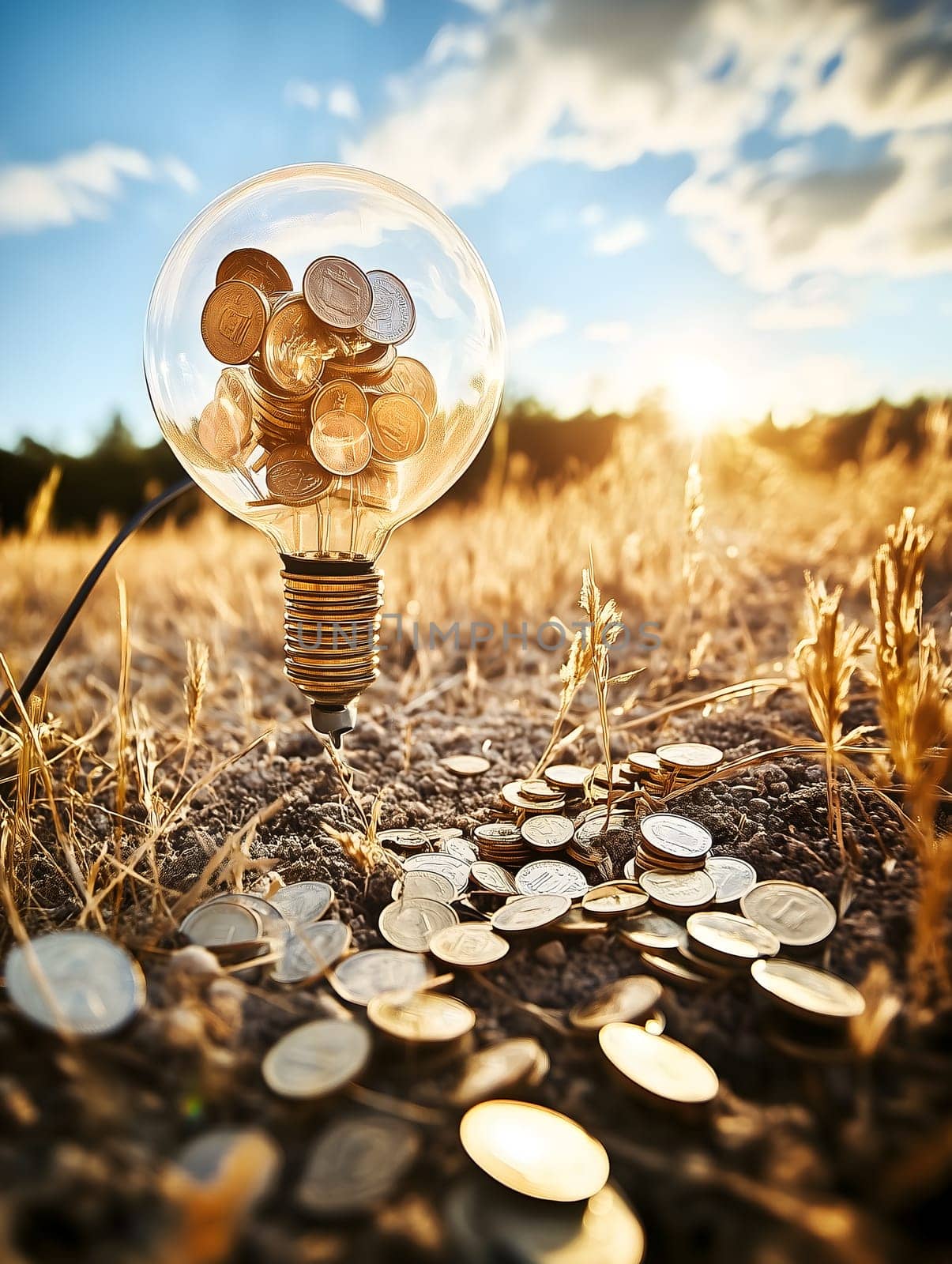A creative concept of a light bulb filled with coins standing in a dry field with scattered money. This symbolic image represents financial investment, economic growth, energy savings, and sustainability.