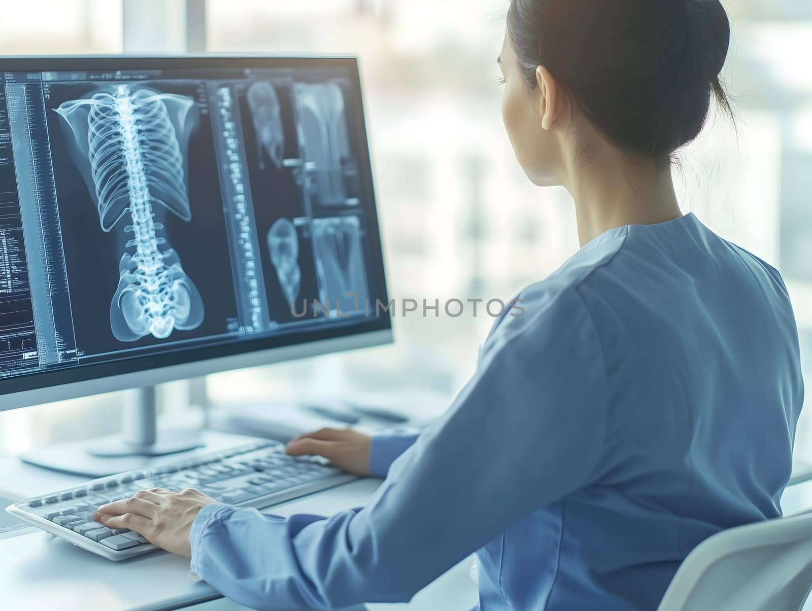 A female doctor or radiologist in a medical office examines X-ray images on a computer screen. The setting highlights advanced healthcare technology, medical diagnostics, and professional expertise.