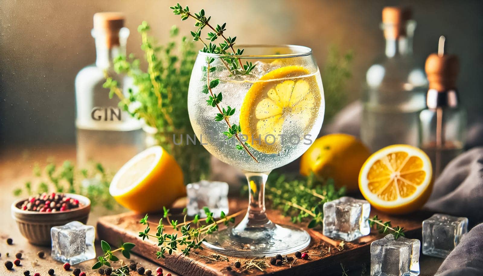 Close-up of a gin cocktail in a crystal glass, garnished with lemon slices and thyme sprigs. The drink is set on a rustic wooden table, surrounded by scattered ice cubes, peppercorns, and fresh lemons.