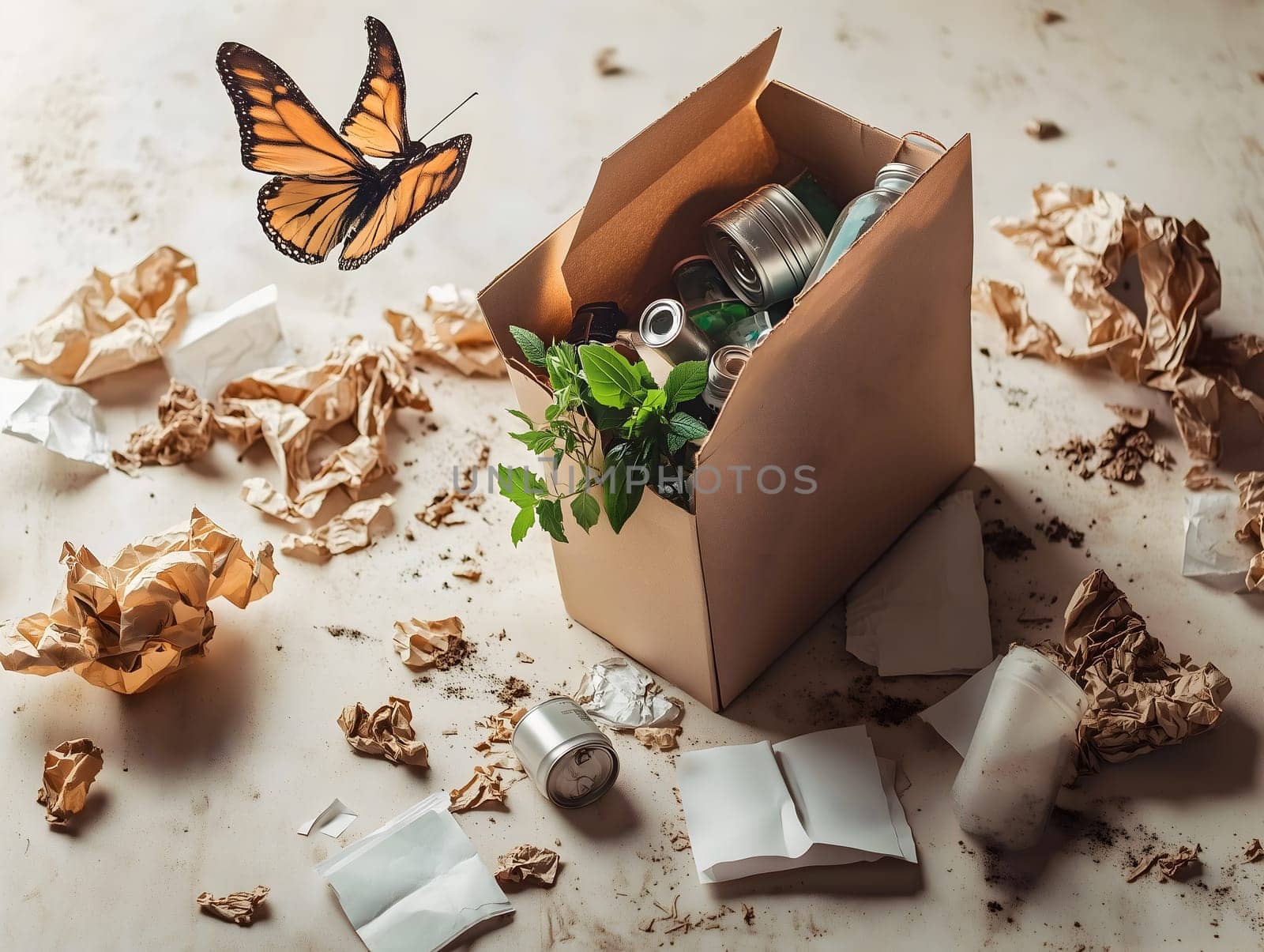 A cardboard box filled with recyclable waste, including cans, glass, and plants, sits among scattered trash. A butterfly nearby symbolizes transformation, sustainability, and environmental responsibility.