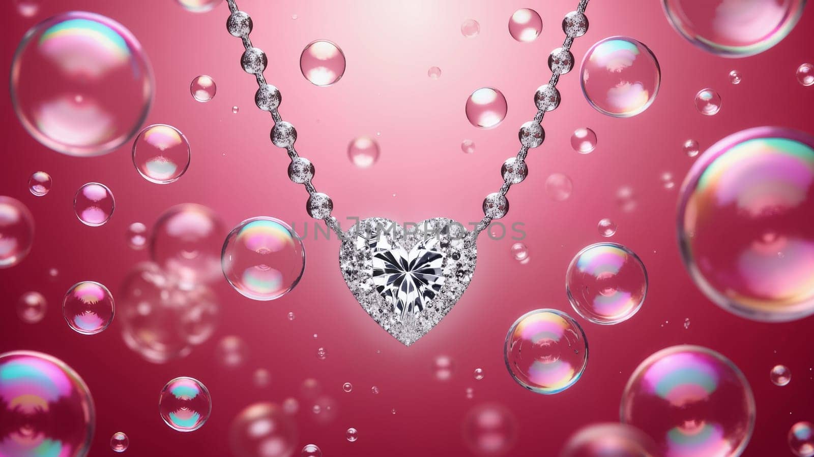 A necklace with a heart pendant is shown in a pink background. The necklace is made of diamonds and is suspended in a sea of bubbles. The bubbles create a sense of lightness and playfulness
