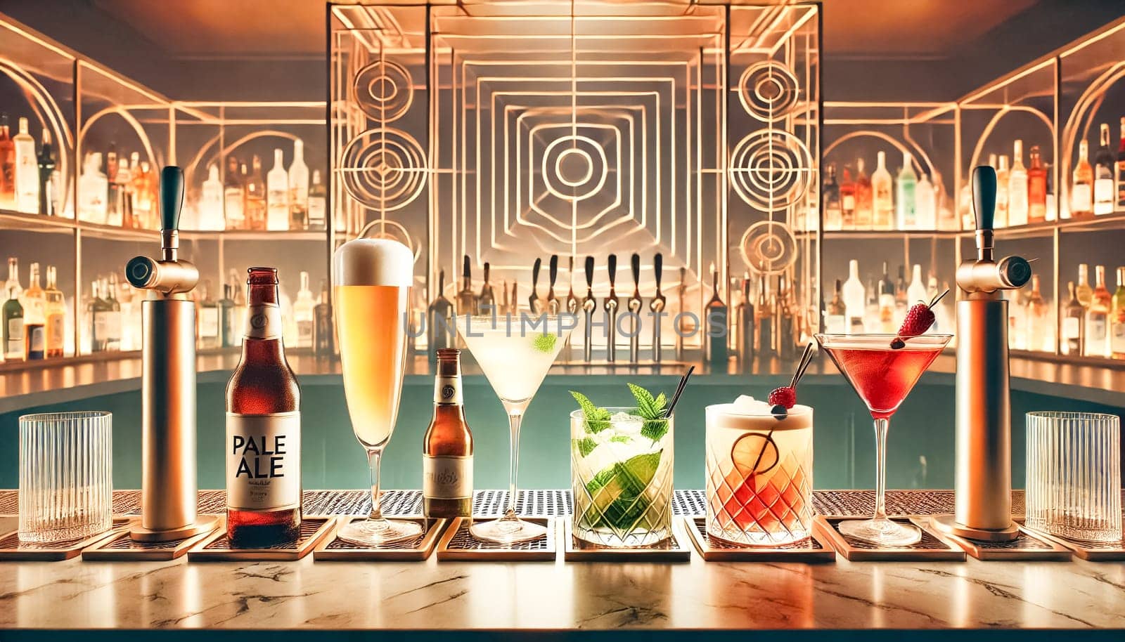 Five diverse drinks are perfectly aligned on a sleek marble bar counter, each uniquely vibrant and presented without any hand in sight. The backdrop features a stylish geometric pattern, adding to the modern and sophisticated ambiance of the bar.