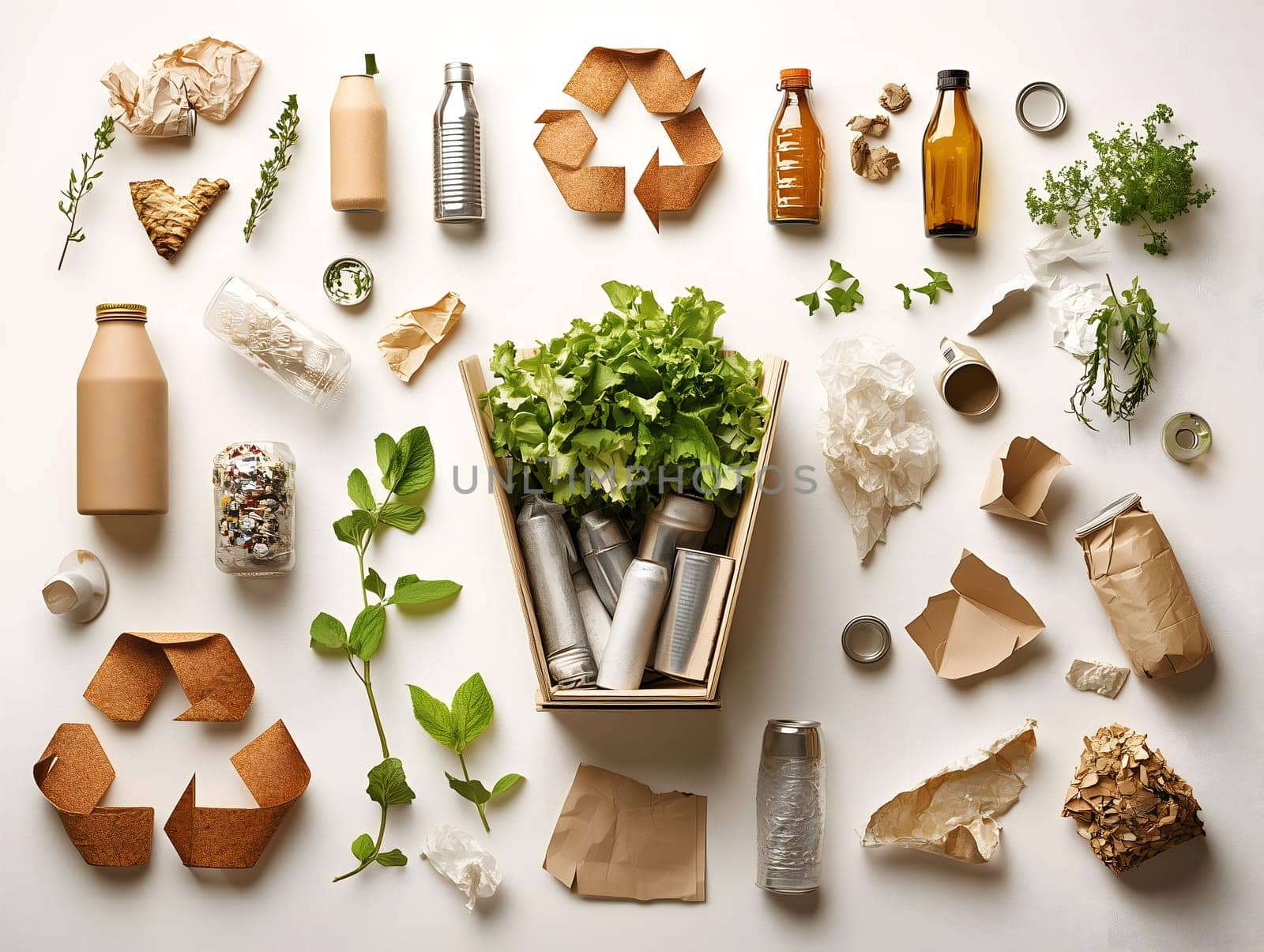 A flat lay composition of recyclable materials, including paper, glass, metal, and organic waste, arranged neatly. The image represents sustainability, zero waste, eco-friendly living, and environmental awareness.