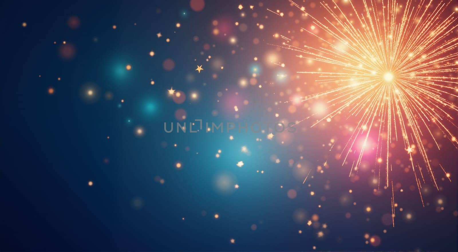Three fireworks are lit up in the sky, with one of them being red. The other two are blue and yellow. The fireworks are lit up in the night sky, creating a beautiful and festive atmosphere