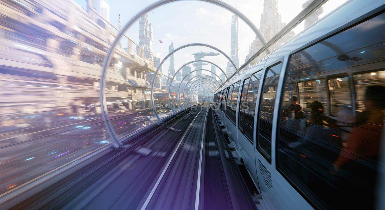 A futuristic city with a sleek train traveling through a transparent tunnel amidst high-tech architecture. Perfect for sci-fi concepts, transportation projects, and urban innovation themes.