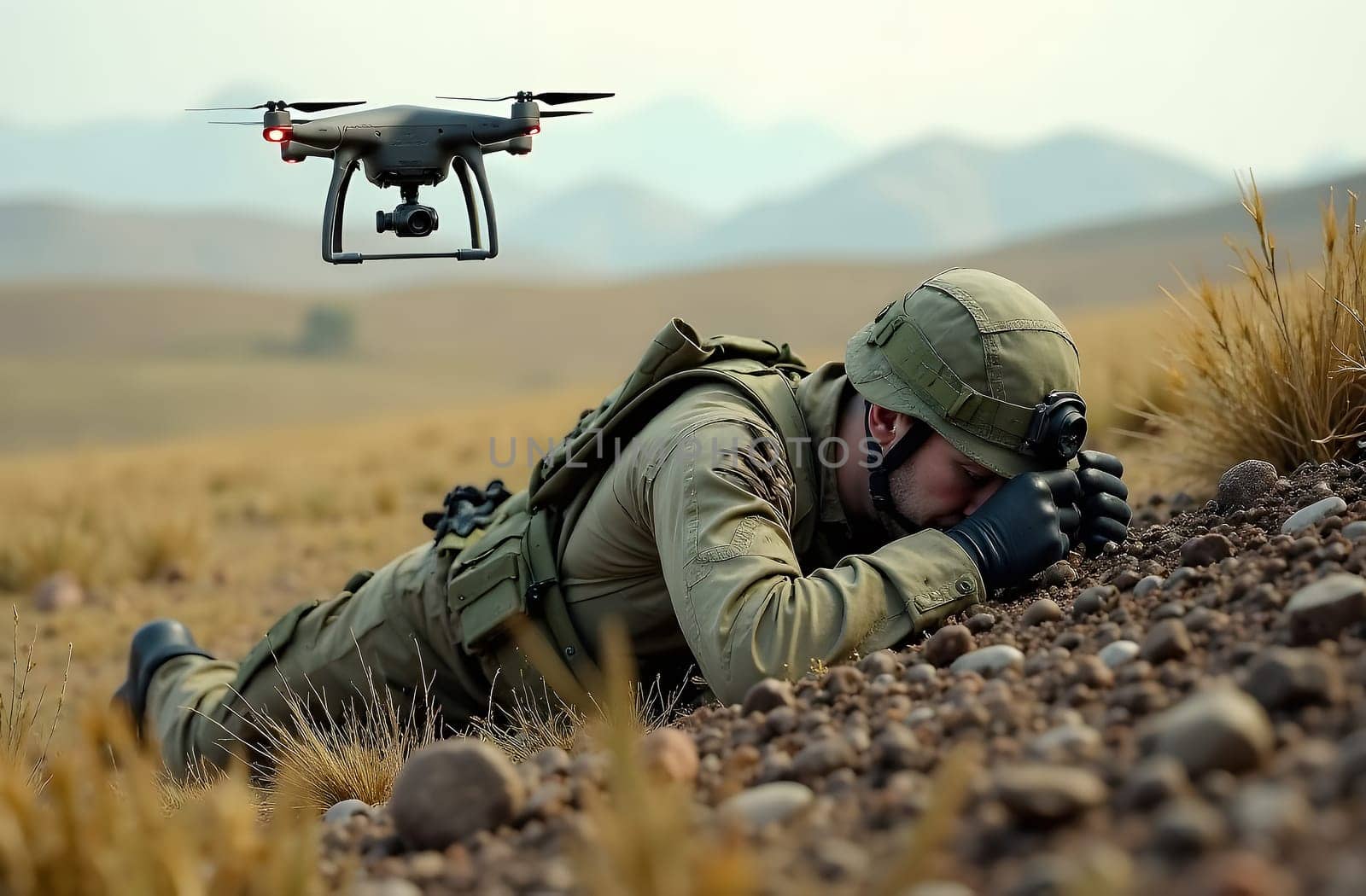 A soldier crouches on rocky ground while a drone flies overhead, emphasizing the dangers and advanced technology used in warfare today.