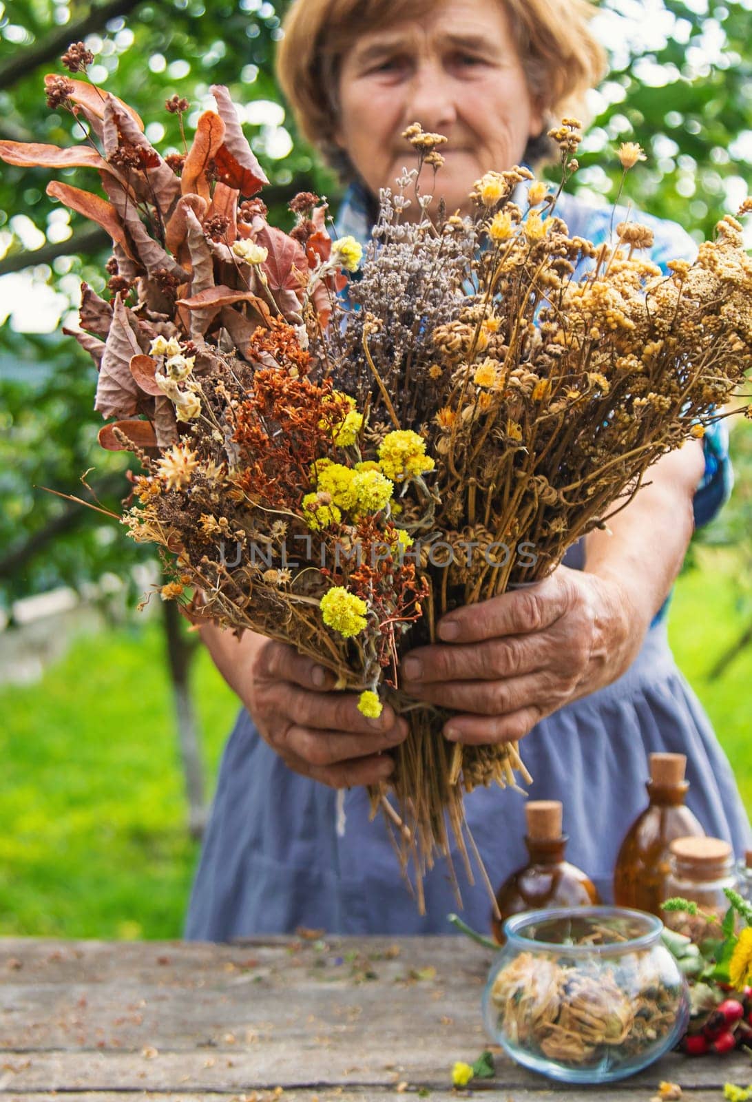 Medicinal herbs alternative medicine old woman. Selective focus. Nature.