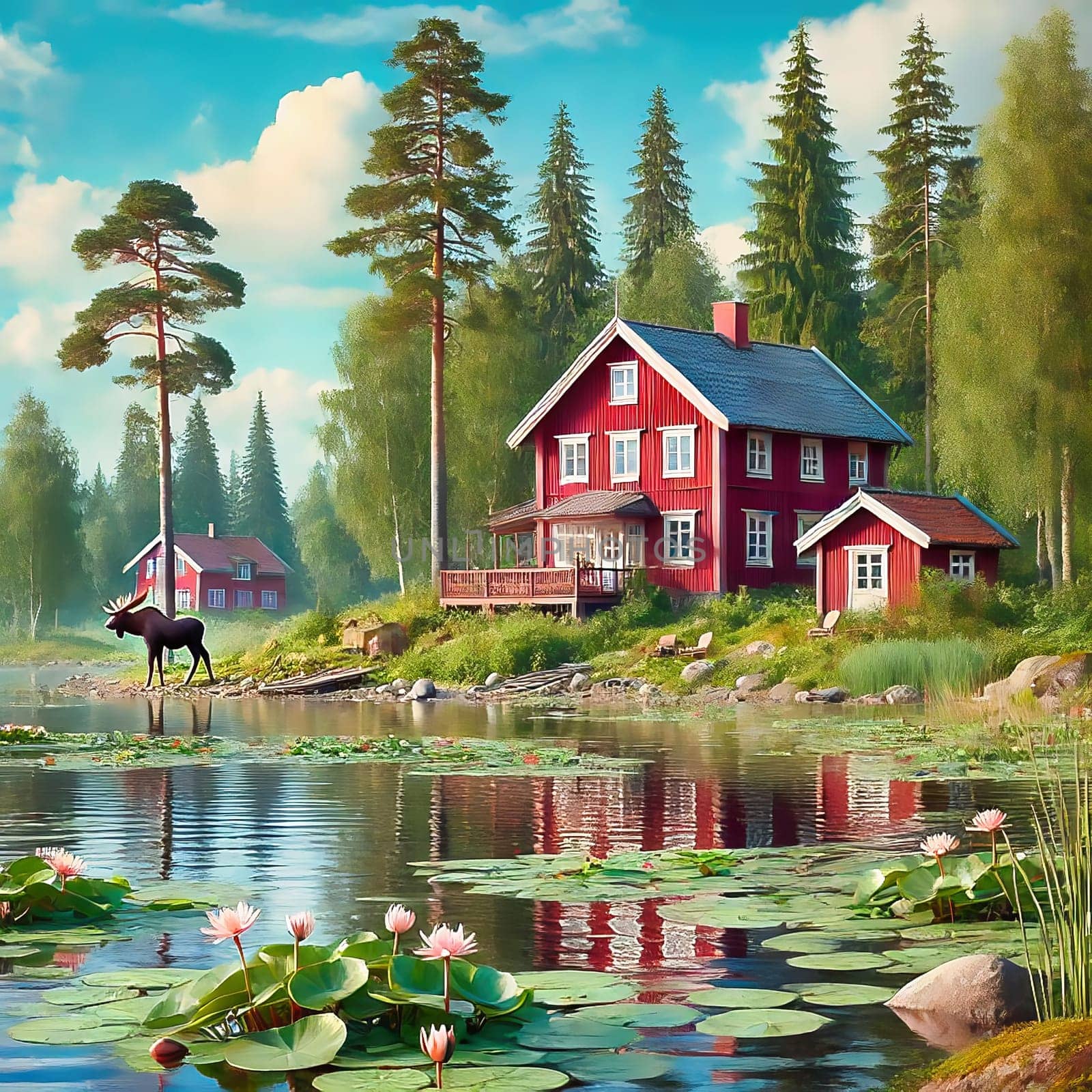A red wooden house on a lake in Sweden, with a moose standing in the lake, surrounded by green nature, water lilies and trees, reflects Scandinavian tranquility, harmony and rural idyll.