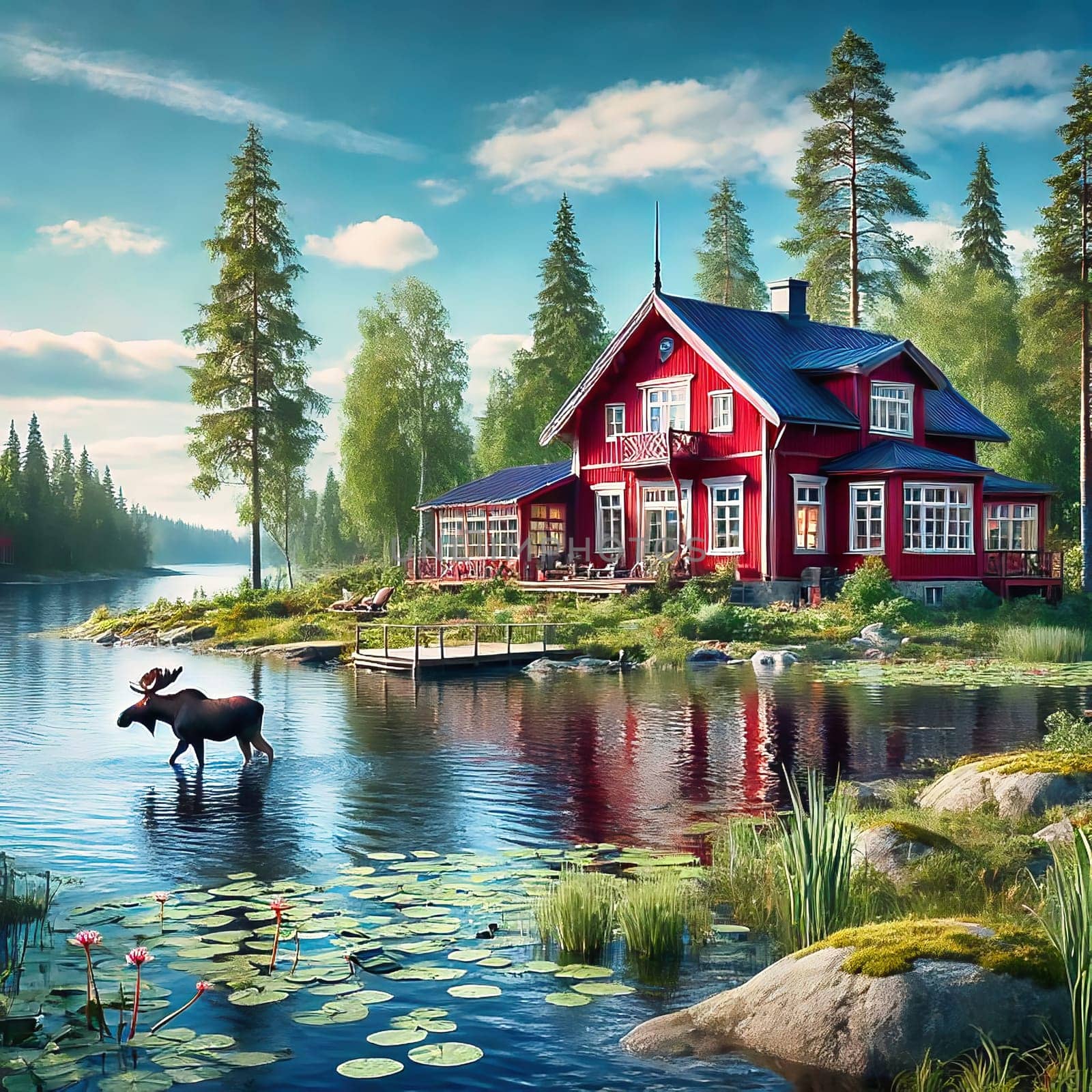 A red wooden house on a lake in Sweden, with a moose standing in the lake, surrounded by green nature, water lilies and trees, reflects Scandinavian tranquility, harmony and rural idyll.