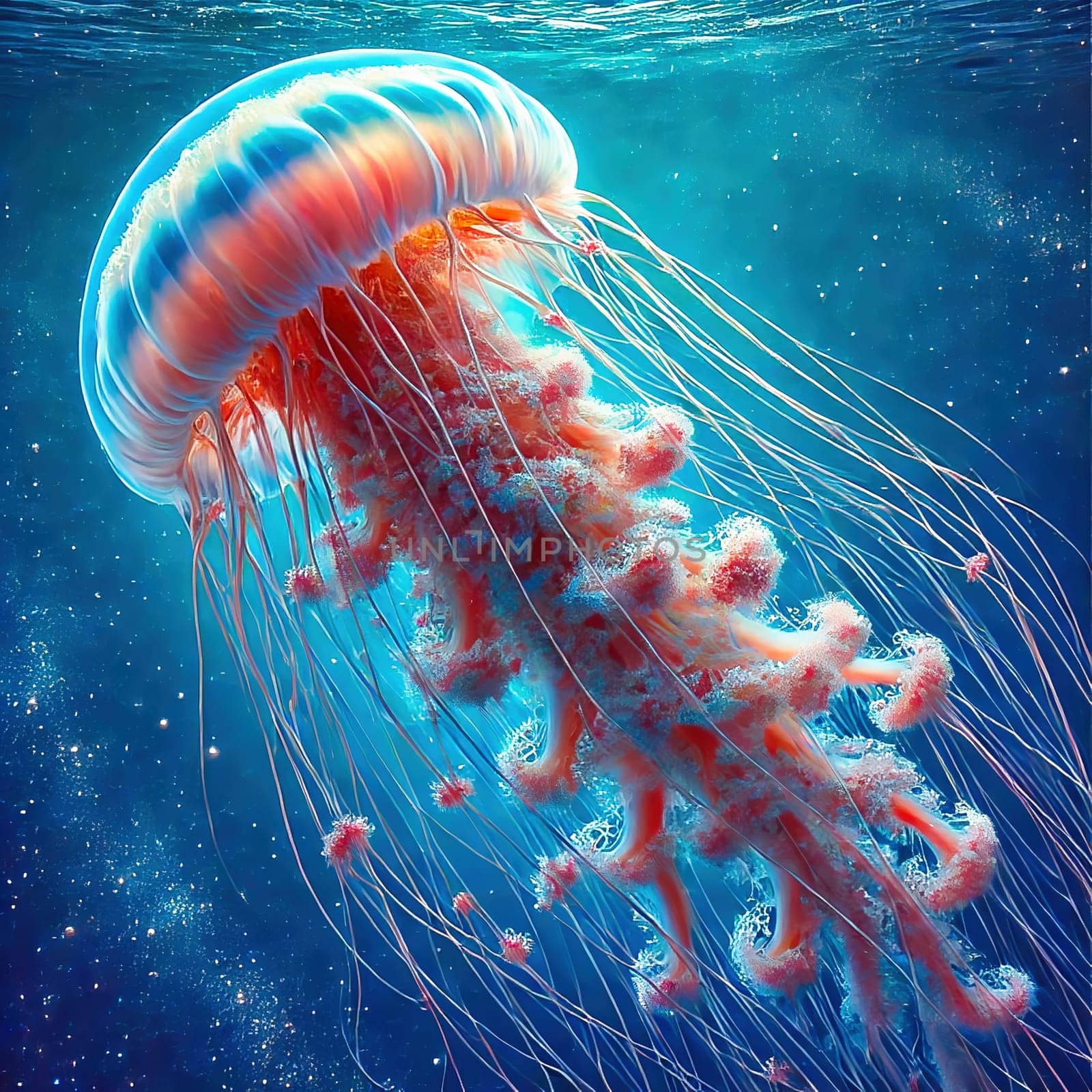 Glowing jellyfish in deep blue water, surrounded by delicate tentacles and shimmering light reflections, symbolizes the beauty and mysticism of the underwater world.