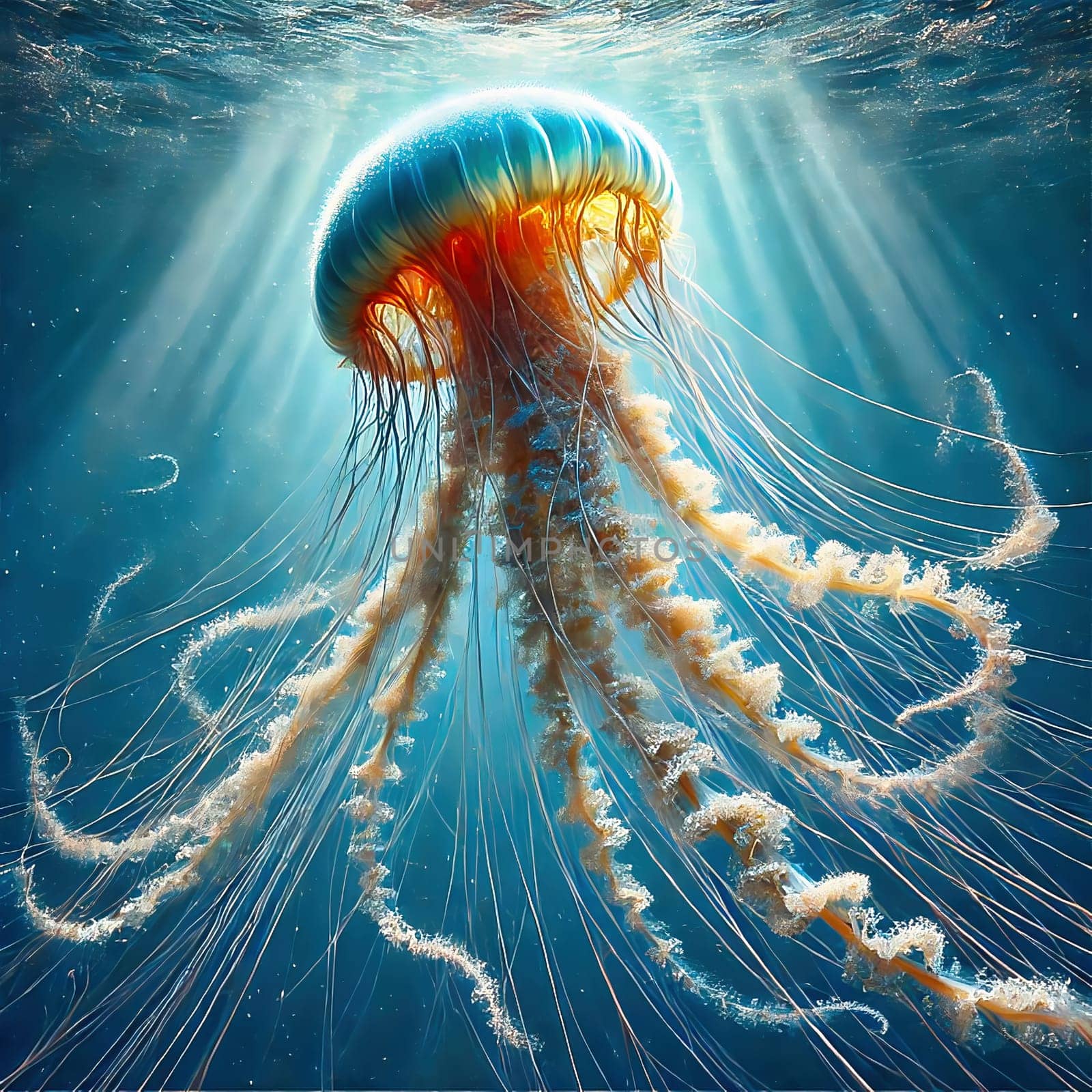 Glowing jellyfish in deep blue water, surrounded by delicate tentacles and shimmering light reflections, symbolizes the beauty and mysticism of the underwater world.