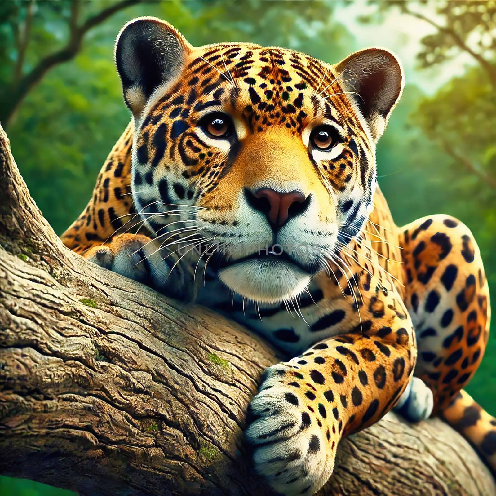 A majestic jaguar rests on a moss-covered branch in the dense, green rainforest. A perfect depiction of wilderness, nature and tropical beauty.