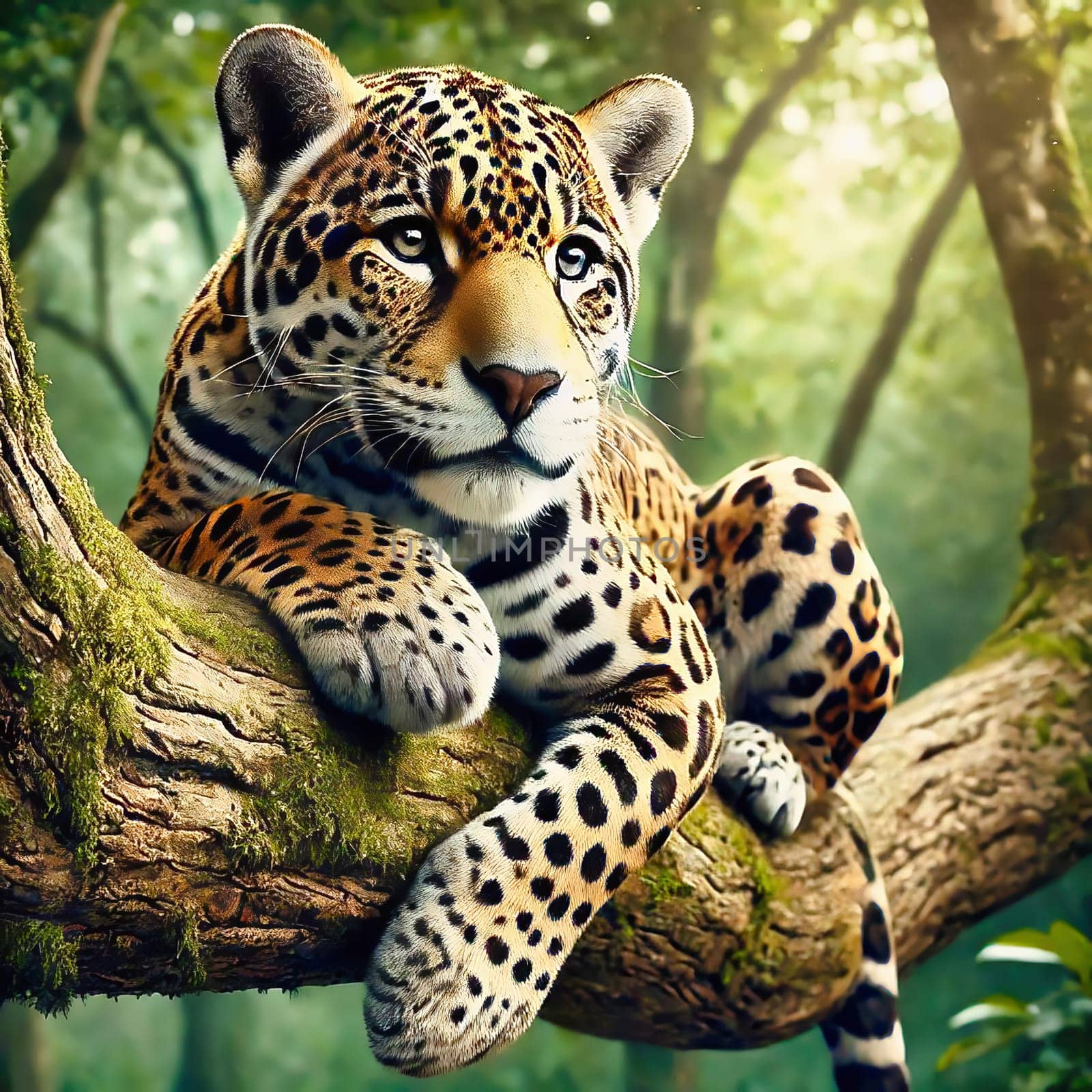 A majestic jaguar rests on a moss-covered branch in the dense, green rainforest. A perfect depiction of wilderness, nature and tropical beauty.