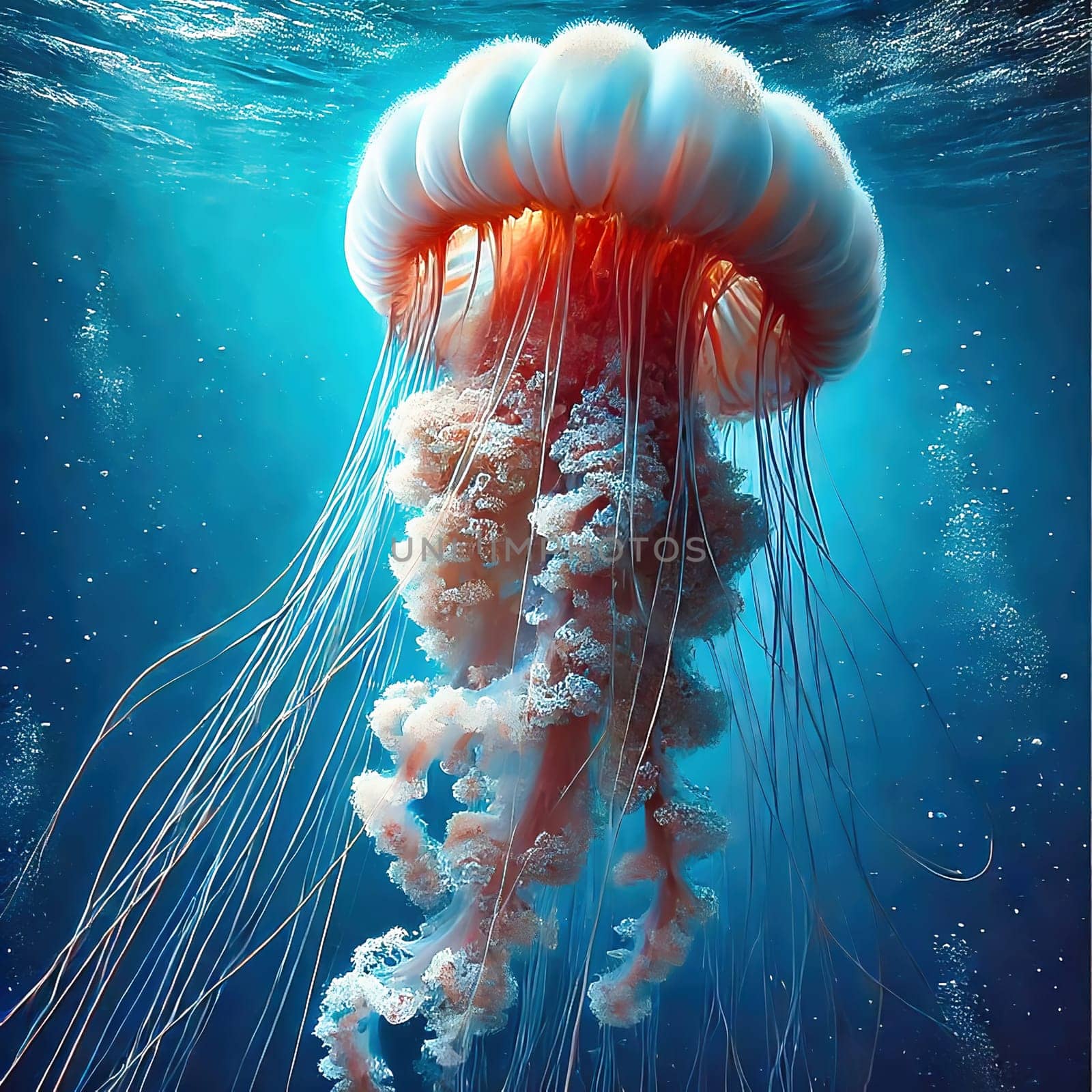 Glowing jellyfish in deep blue water, surrounded by delicate tentacles and shimmering light reflections, symbolizes the beauty and mysticism of the underwater world.