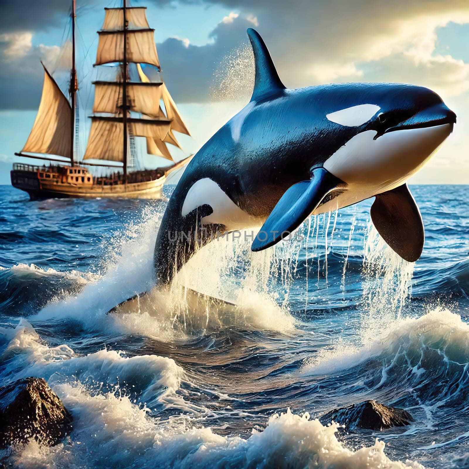 A majestic orca leaps out of the water against an impressive backdrop of a sailboat, waves and blue sky.