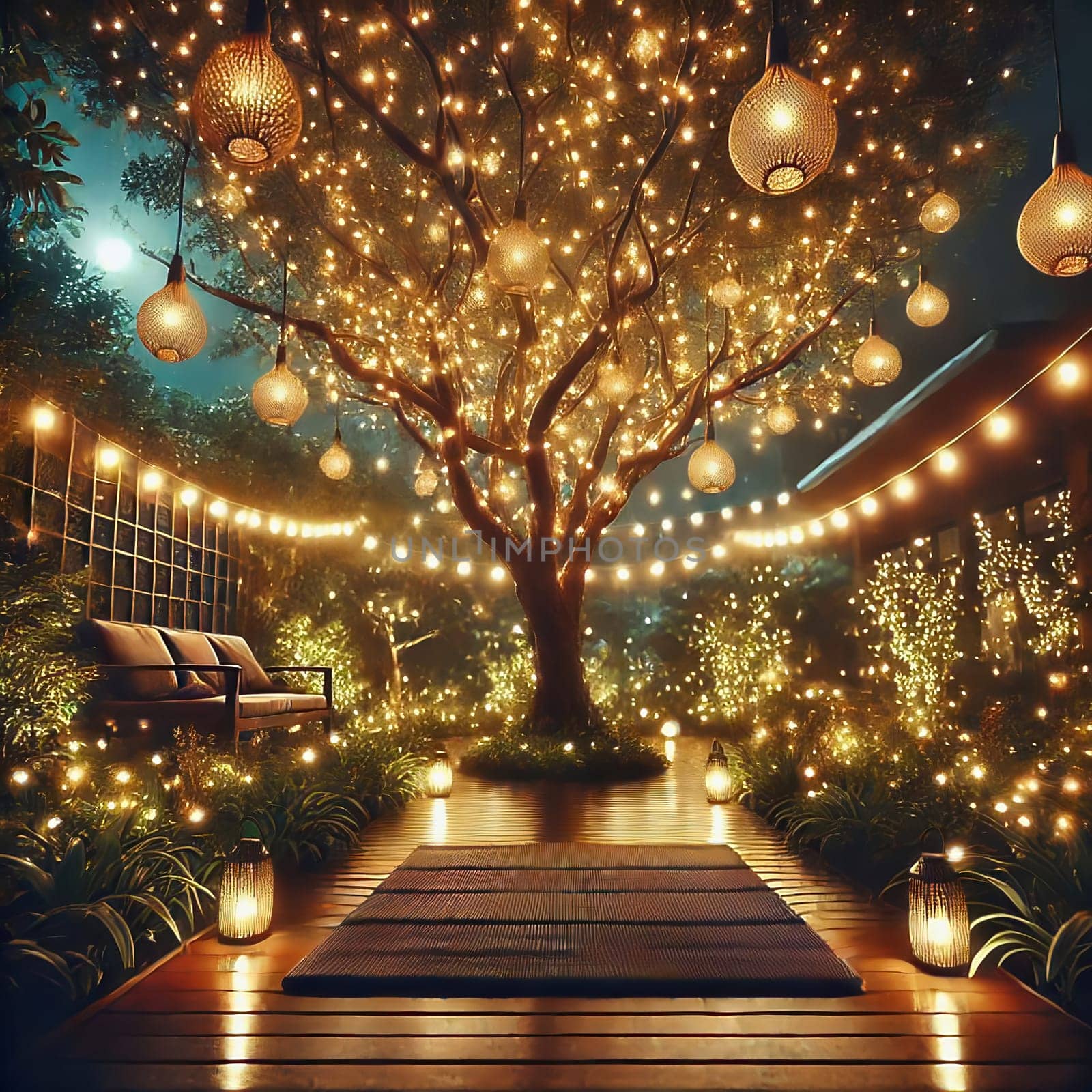 Fairy lights in the garden with garden bench. Lights twinkle from trees, bushes and meadow. Romantic evening atmosphere