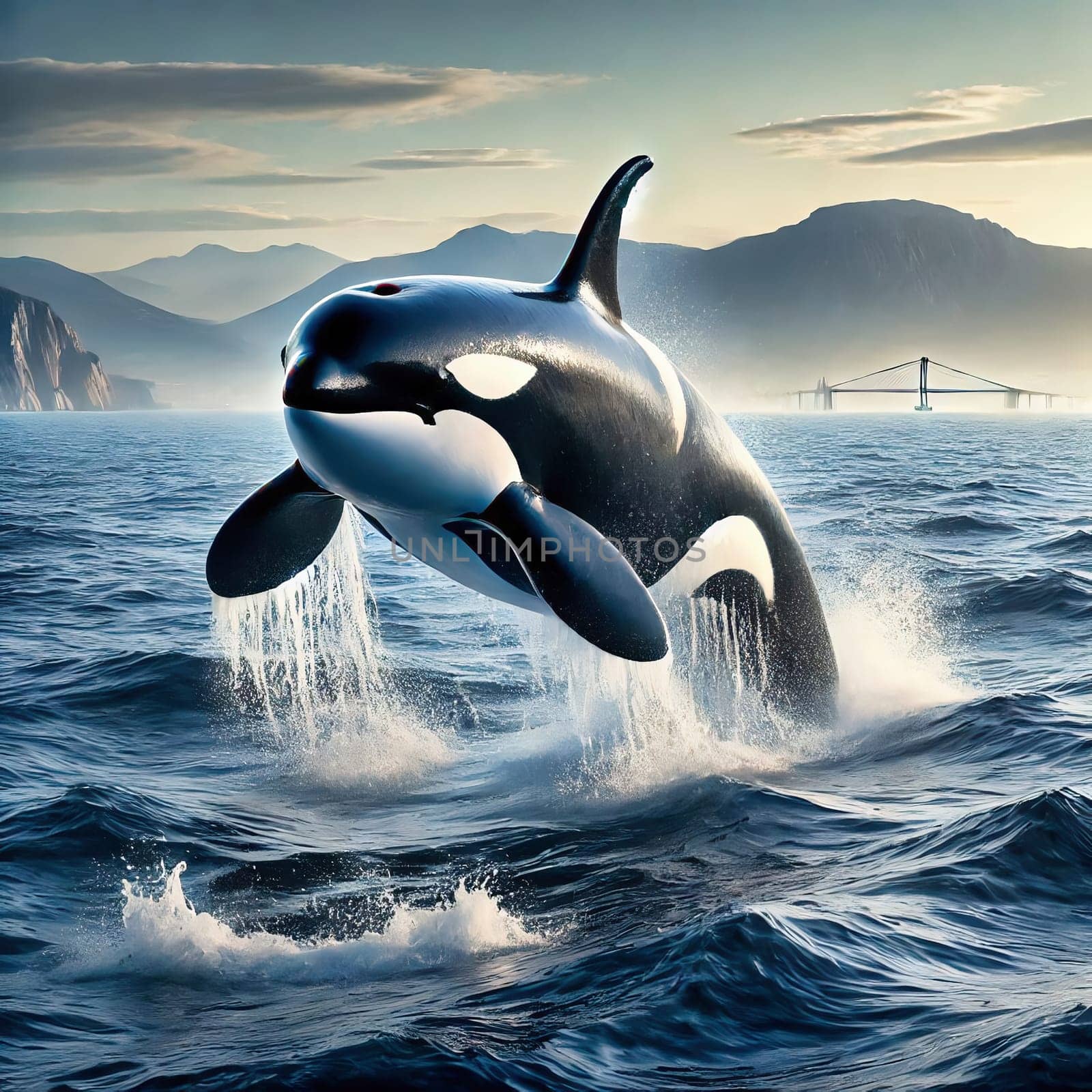 A majestic orca leaps powerfully out of the water, surrounded by a peaceful seascape with mountains in the background under a clear sky.