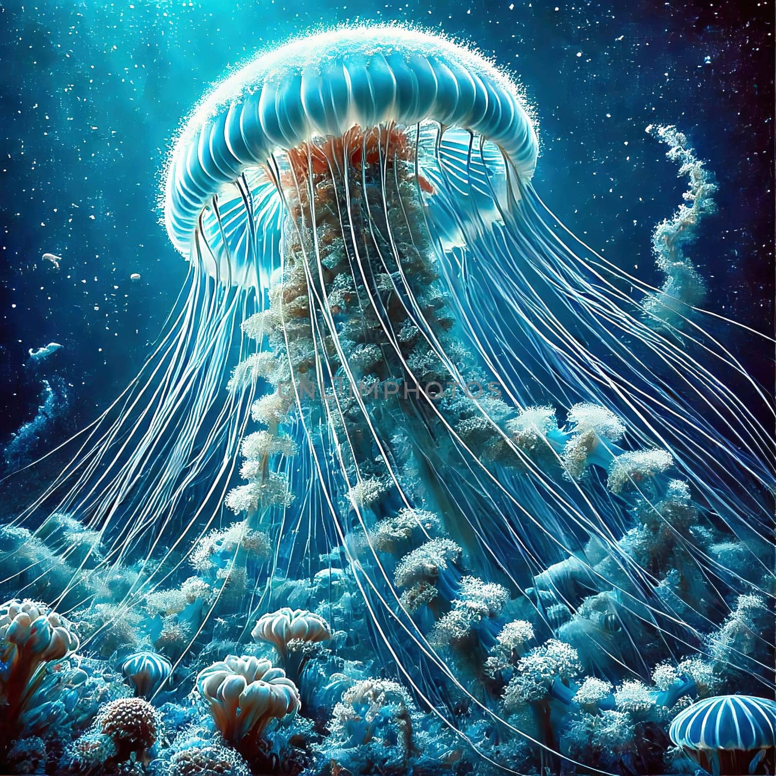 Glowing jellyfish in deep blue water, surrounded by delicate tentacles and shimmering light reflections, symbolizes the beauty and mysticism of the underwater world.
