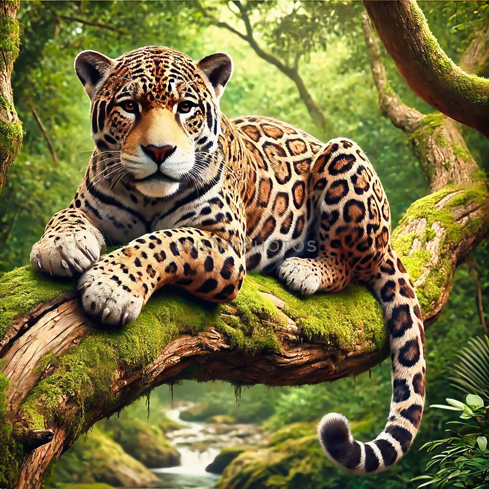 A majestic jaguar rests on a moss-covered branch in the dense, green rainforest. A perfect depiction of wilderness, nature and tropical beauty.
