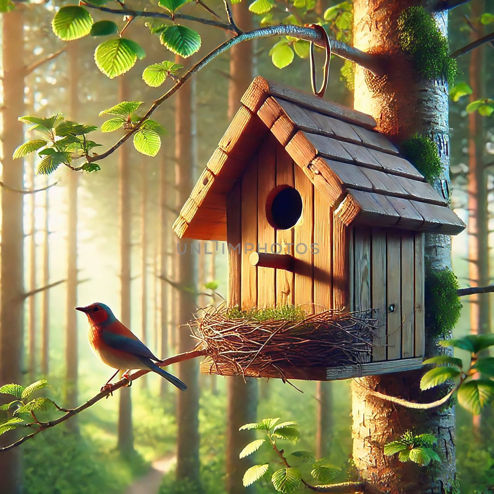 A beautiful wooden birdhouse hangs from a tree in the sunny forest. A small songbird sits on a branch in front of the house and enjoys nature.
