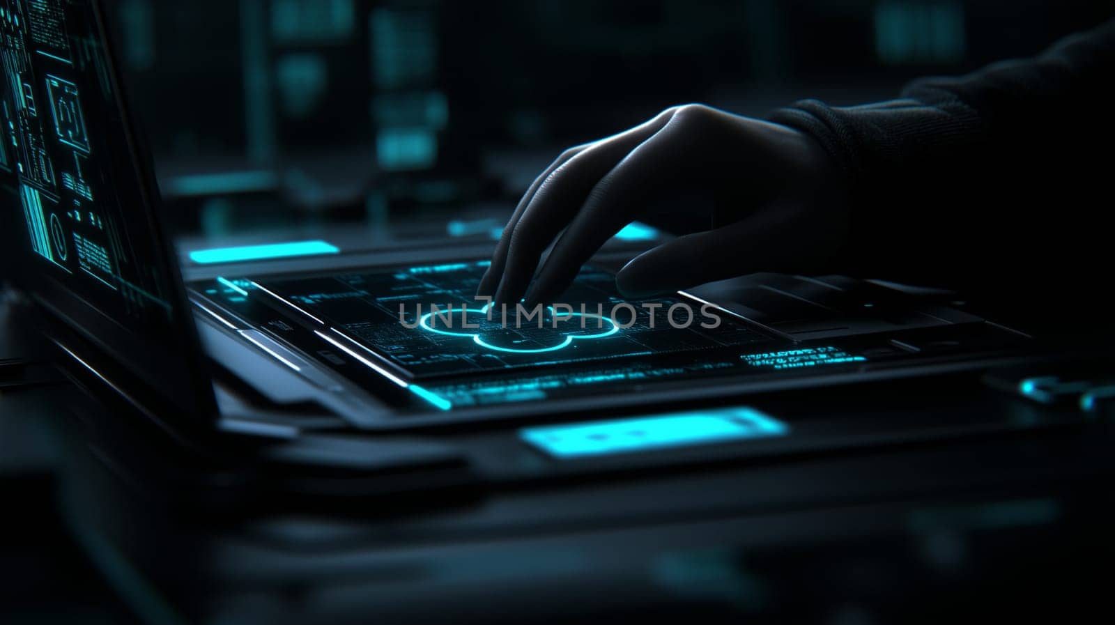 Hand interacting with holographic futuristic interface on a computer in a dark room