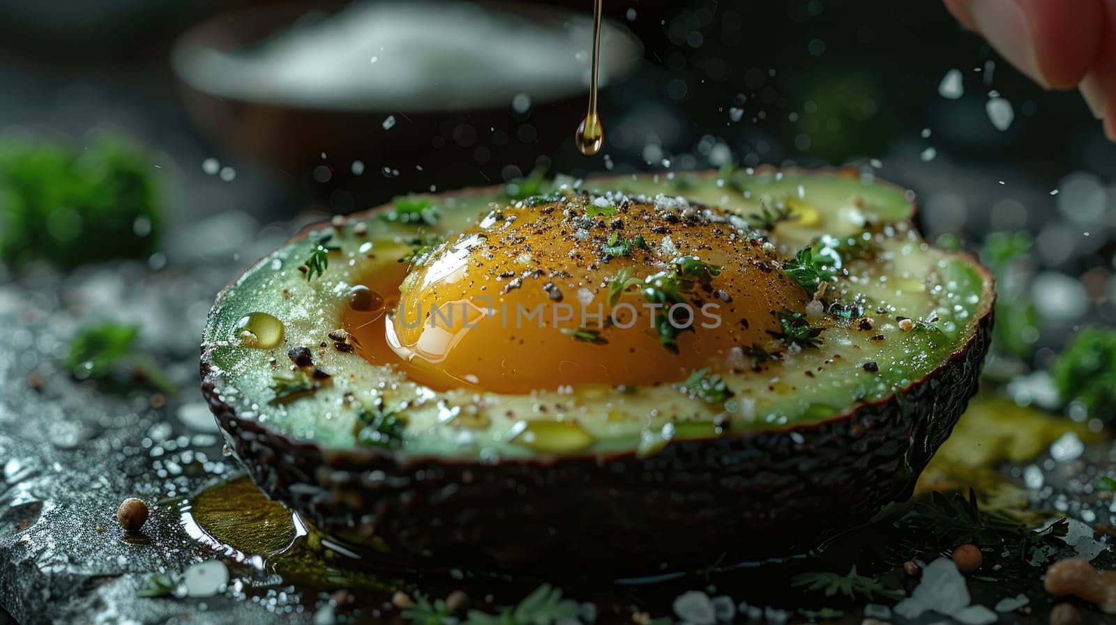 Avocado halves are artfully prepared with bright yellow egg yolks nestled inside, garnished with fresh herbs and a sprinkle of seasonings on a dark textured surface.