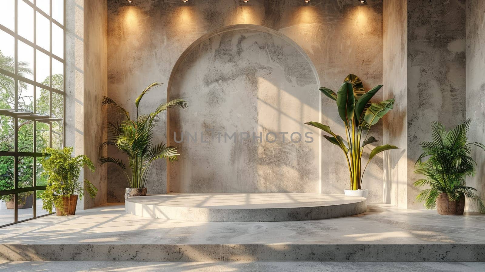This spacious indoor area showcases a minimalist stage surrounded by lush green plants. Sunlight streams through large windows, creating a serene atmosphere during the day.