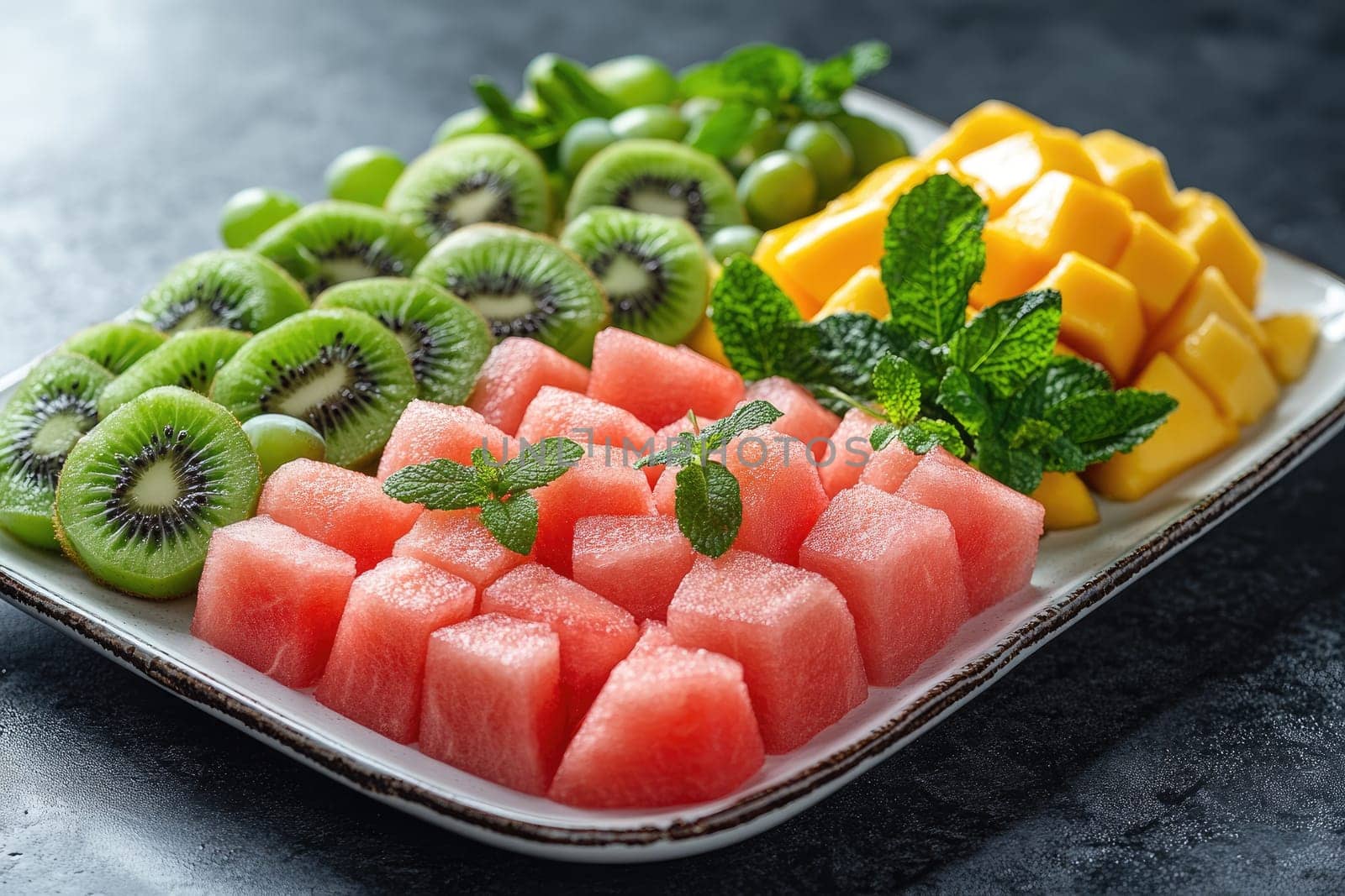 A vibrant assortment of fresh fruits including juicy watermelon cubes, tangy kiwi slices, sweet mango chunks, and crisp green grapes. Perfect for sharing at a summer gathering.