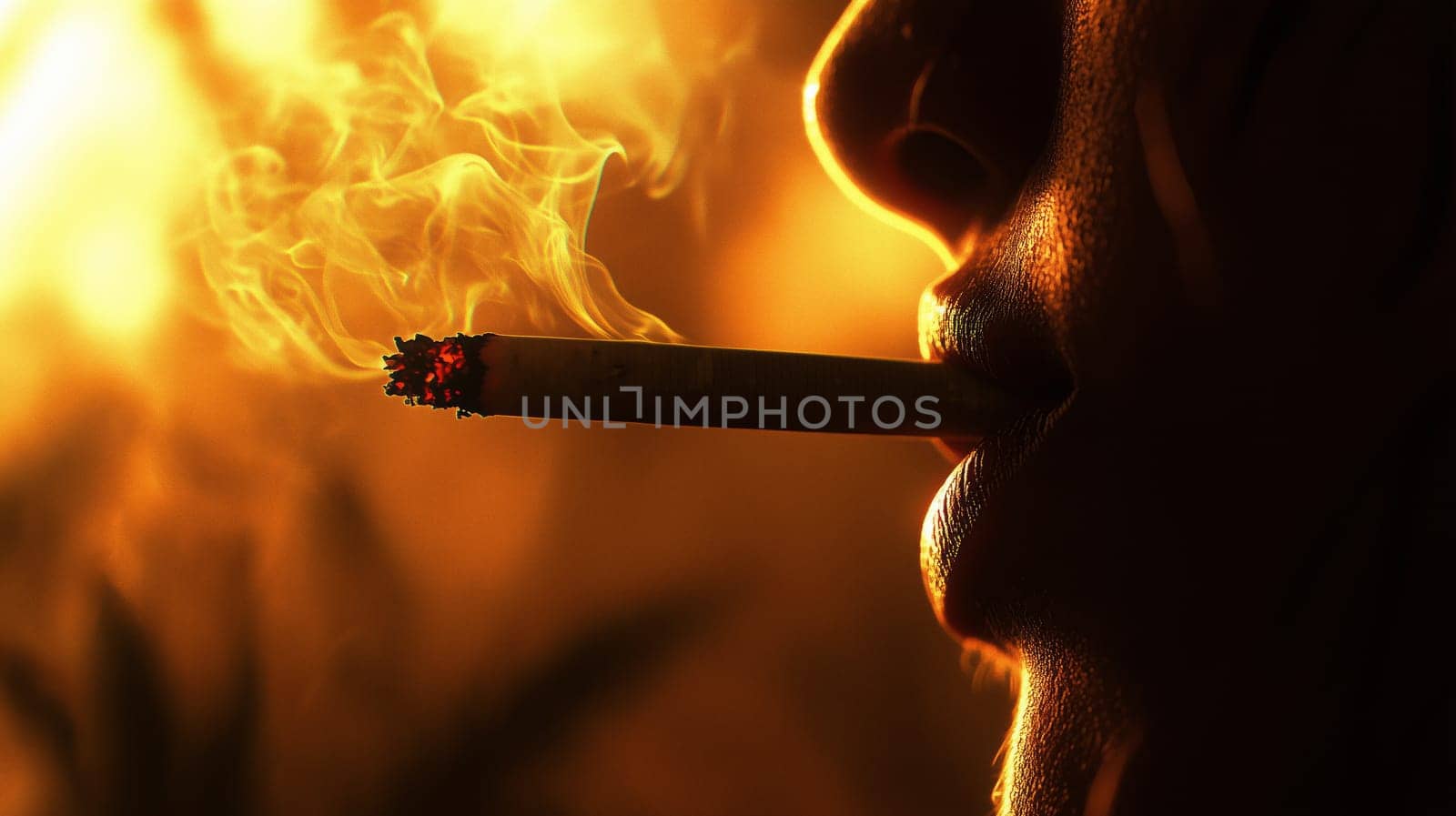 Close-up of a person smoking a cigarette with smoke and ash
