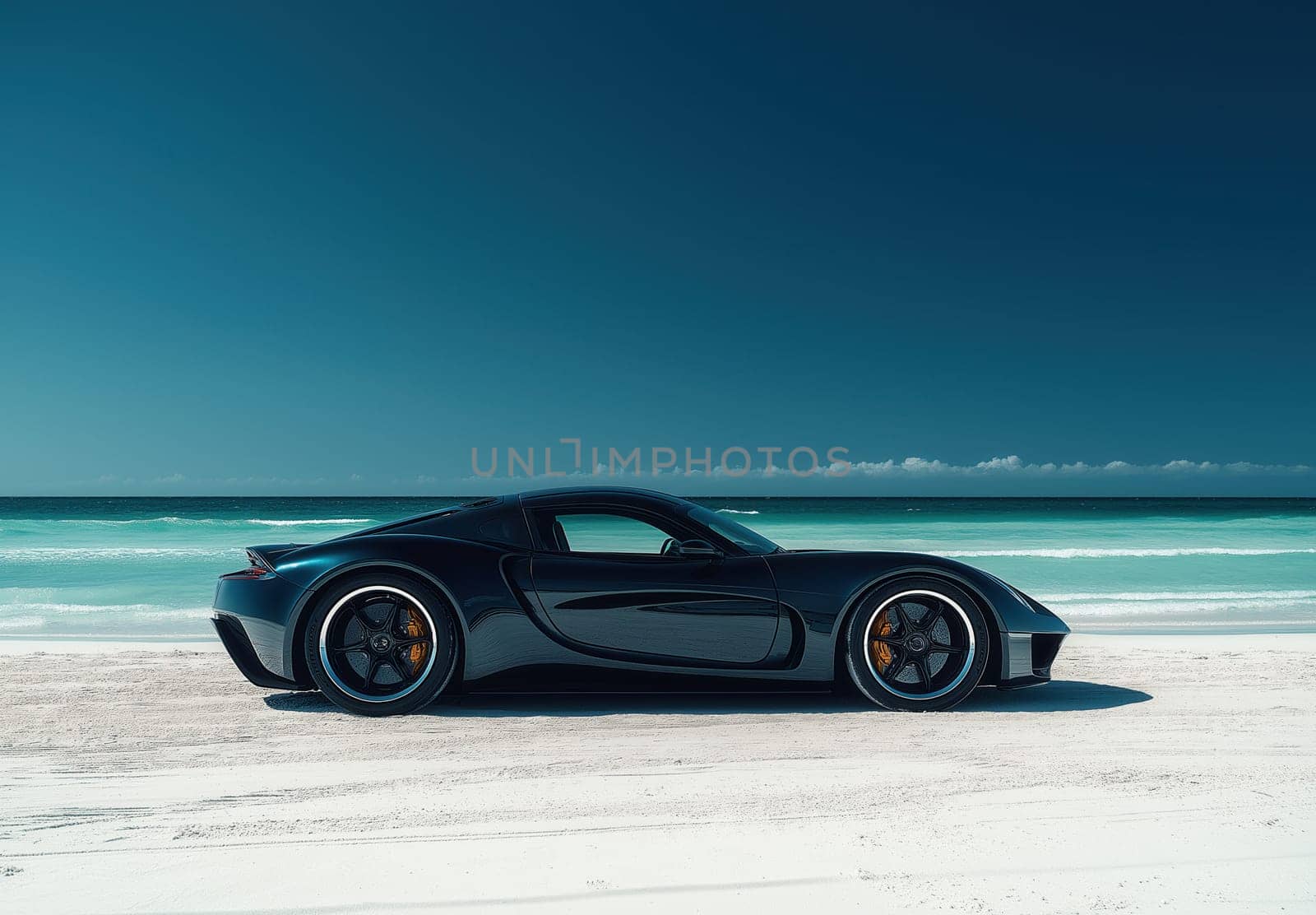A car is standing on the white sand on the seashore. Selective focus.