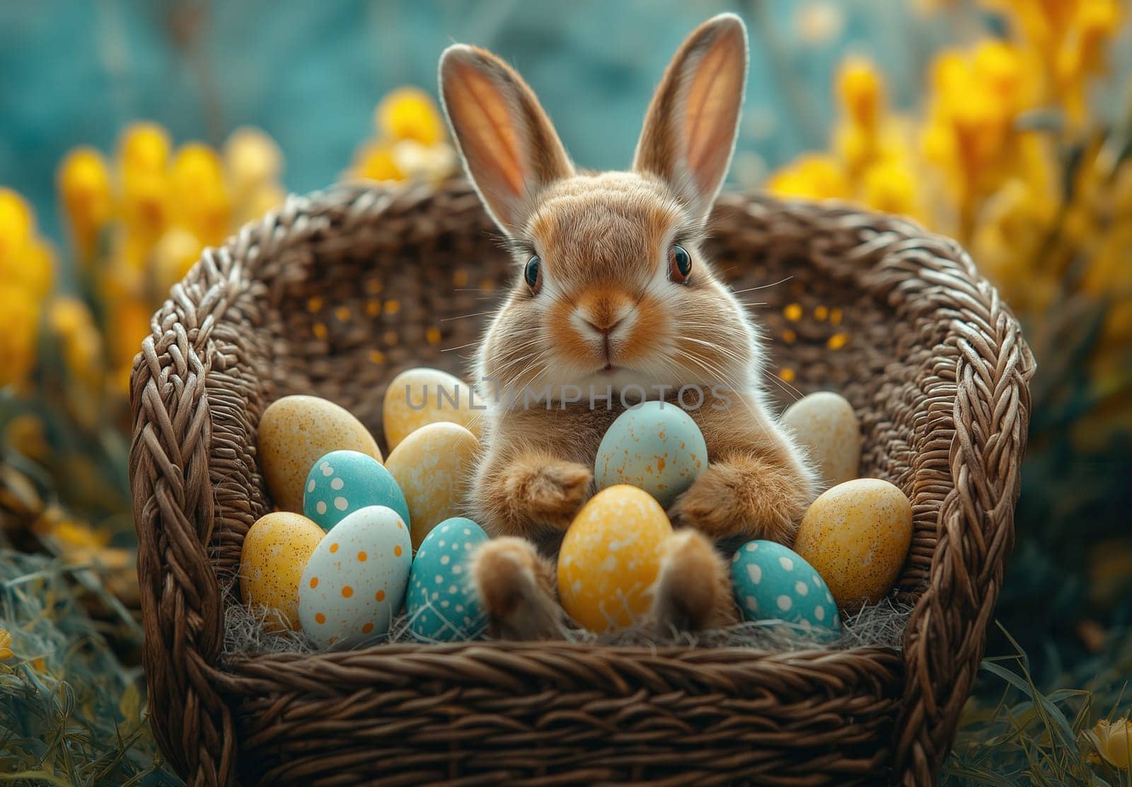 Cartoon Easter bunny and colorful eggs. Selective focus.