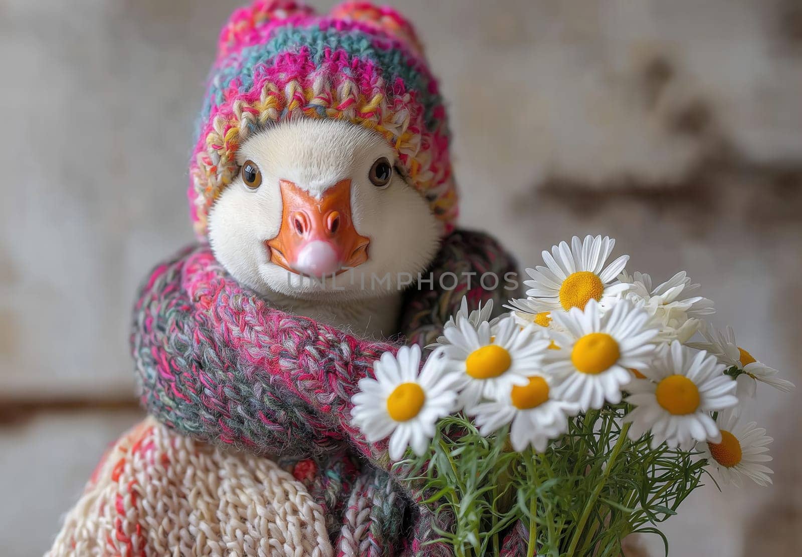 A bird in a knitted hat with a bouquet of daisies. Selective focus.